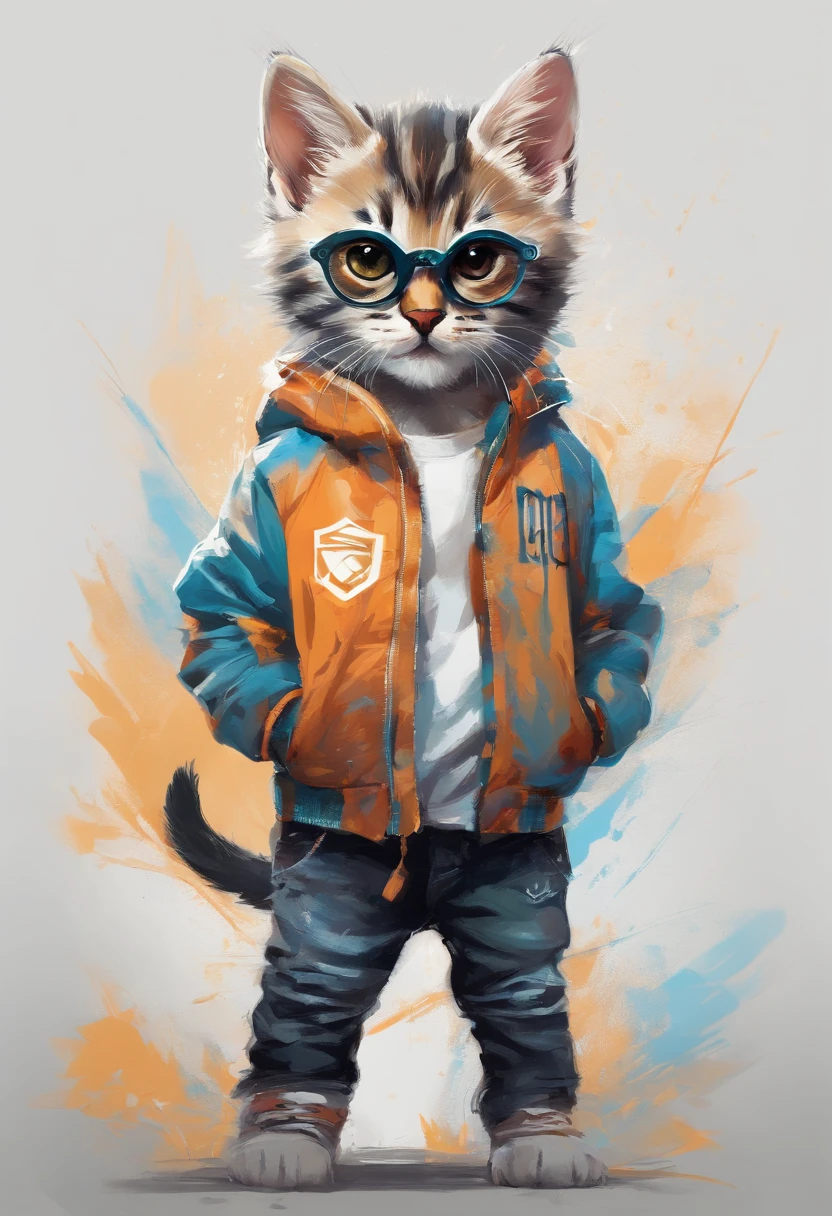 Perfect centering, Cute kitten, Wear a student team jacket, Wearing sunglasses, Wearing headphones, cheerfulness, Standing position, Abstract beauty, Centered, Looking at the camera, Facing the camera, Approaching perfection, Dynamic, Highly detailed, Smooth, Sharp Focus, 8K, hight resolution, Illustration, art by carne griffiths and wadim kashin, White background