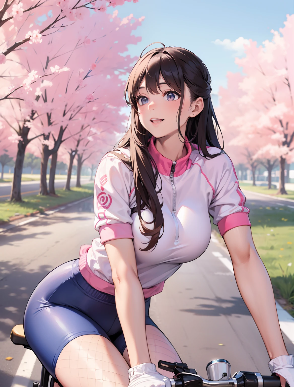 Arafi woman riding a bicycle on a road with trees as a background, huge tit, The crotch is wide, A smile, Fitness model