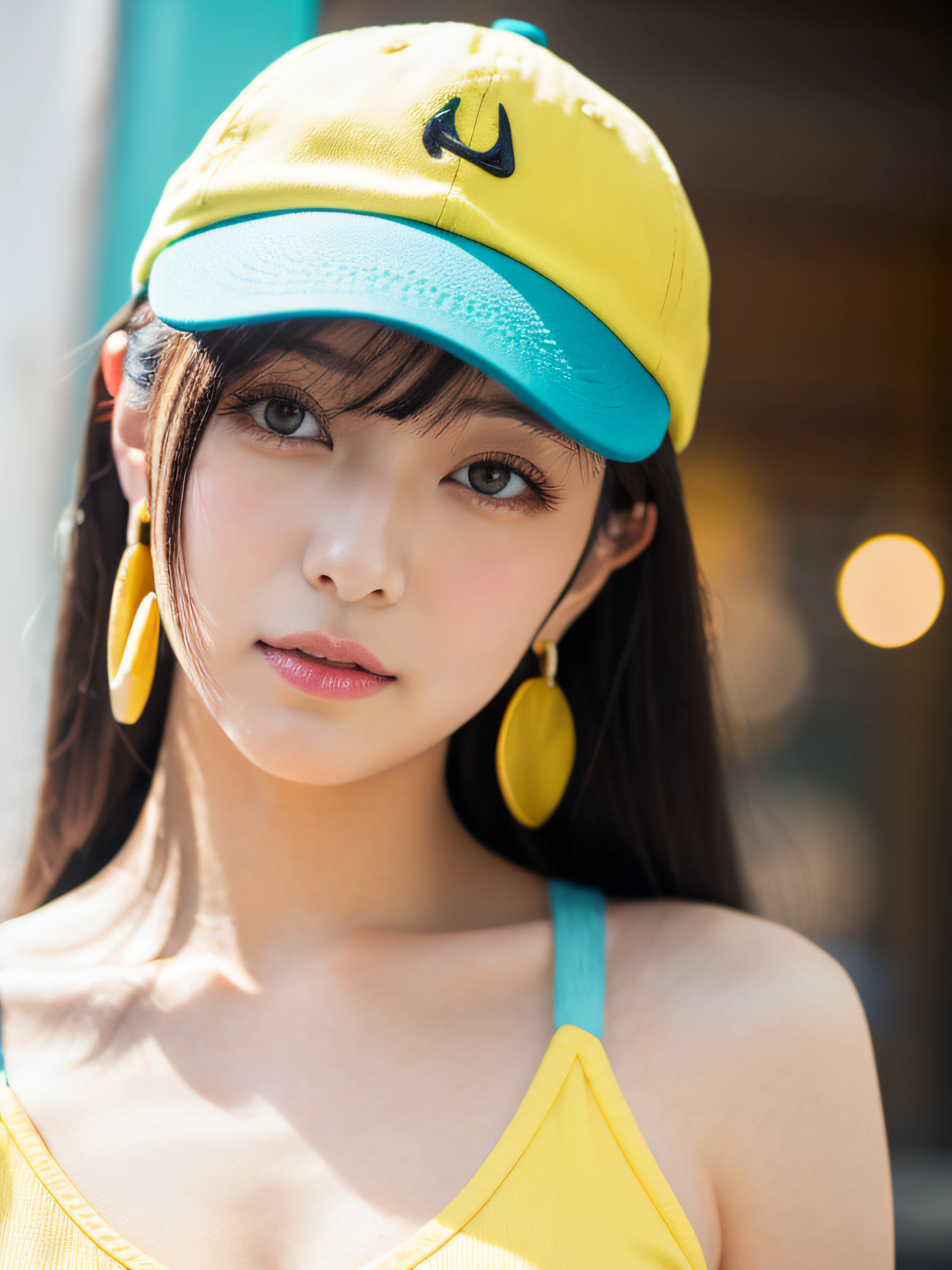 skistyle, miku hatsune, masutepiece, Best Quality, 1girl in, blush, aqua eyes, Cap, Closed mouth, earrings, hat, hoop earrings, Jewelry, Looking at Viewer, Shirt, Simple background, Solo, Upper body, Yellow shirt