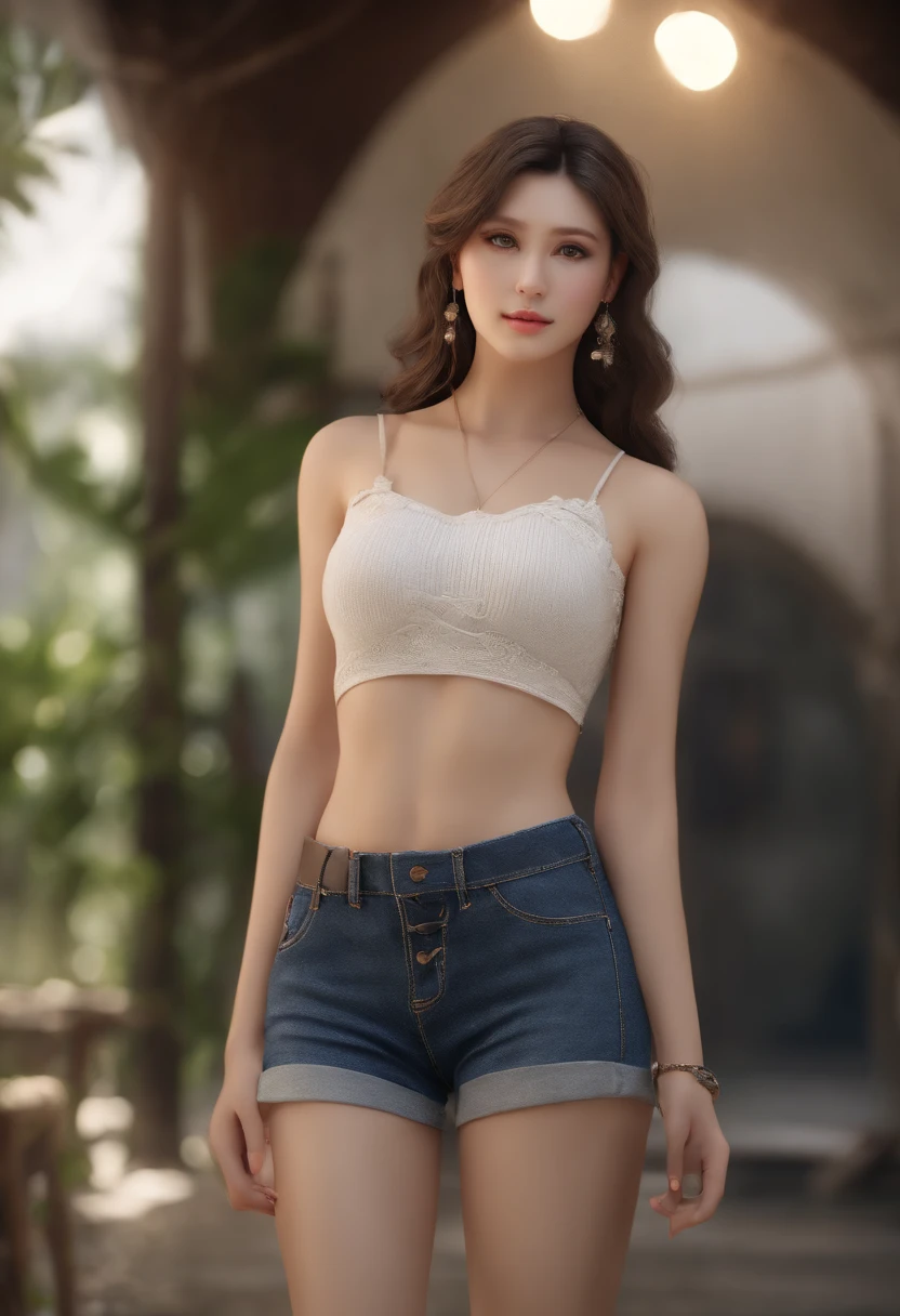 (best quality,4k,8k,highres,masterpiece:1.2),ultra-detailed,realistic,beautiful detailed eyes,beautiful detailed lips,extremely detailed eyes and face,long eyelashes,Japanese girl,beautiful young woman,thin body,short jeans shorts,cropped top,navel,piercing on navel,big breasts,curvaceous body,lovely background,soft lighting,natural colors