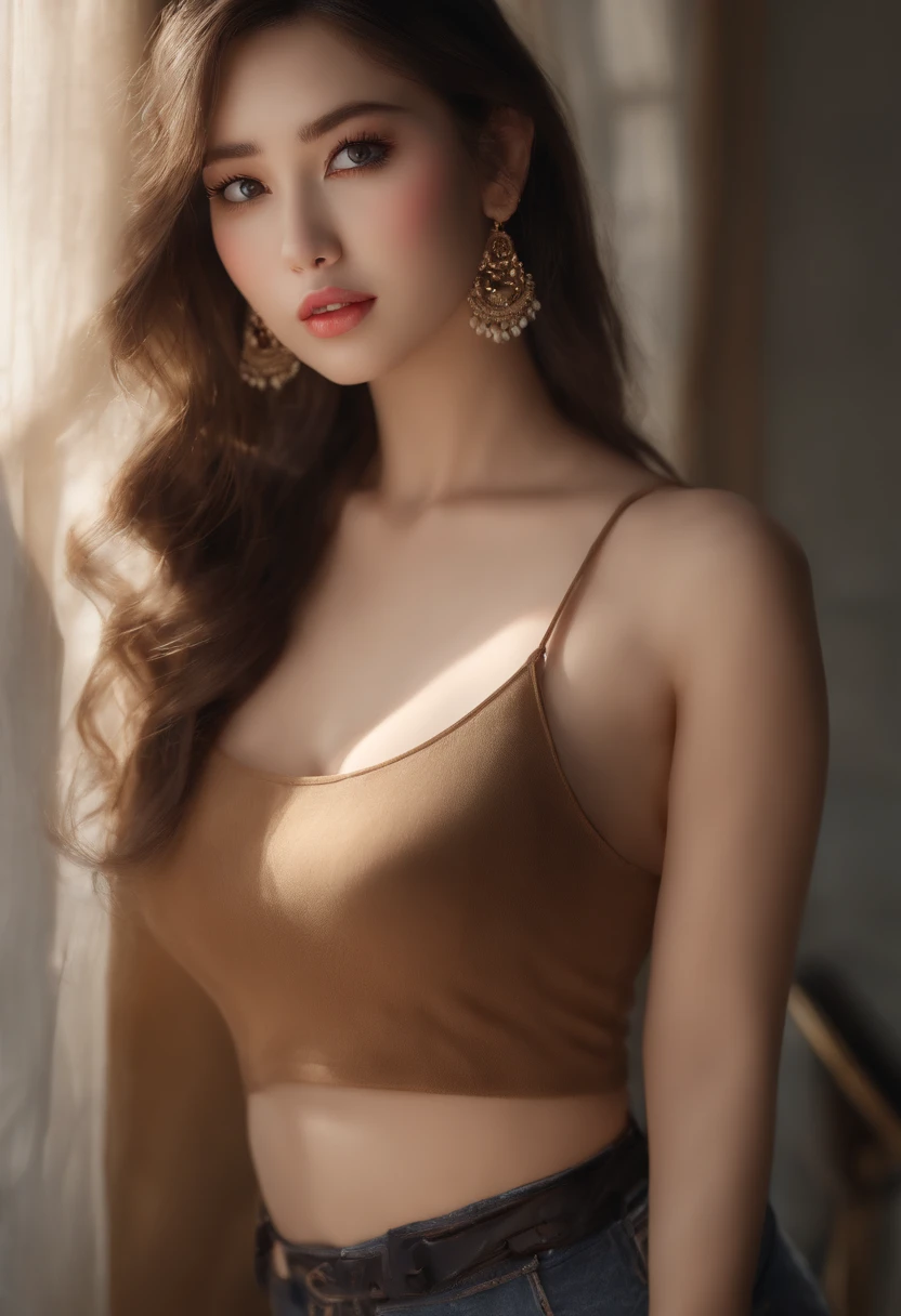 (best quality,4k,8k,highres,masterpiece:1.2),ultra-detailed,realistic,beautiful detailed eyes,beautiful detailed lips,extremely detailed eyes and face,long eyelashes,Japanese girl,beautiful young woman,thin body,short jeans shorts,cropped top,navel,piercing on navel,big breasts,curvaceous body,lovely background,soft lighting,natural colors