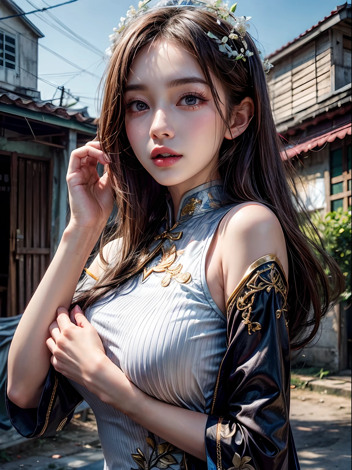 Don't change your breast size, Rural towns in Vietnam, Hair is medium outward splash, Place your right hand on your chest, Change into Vietnamese ao dai