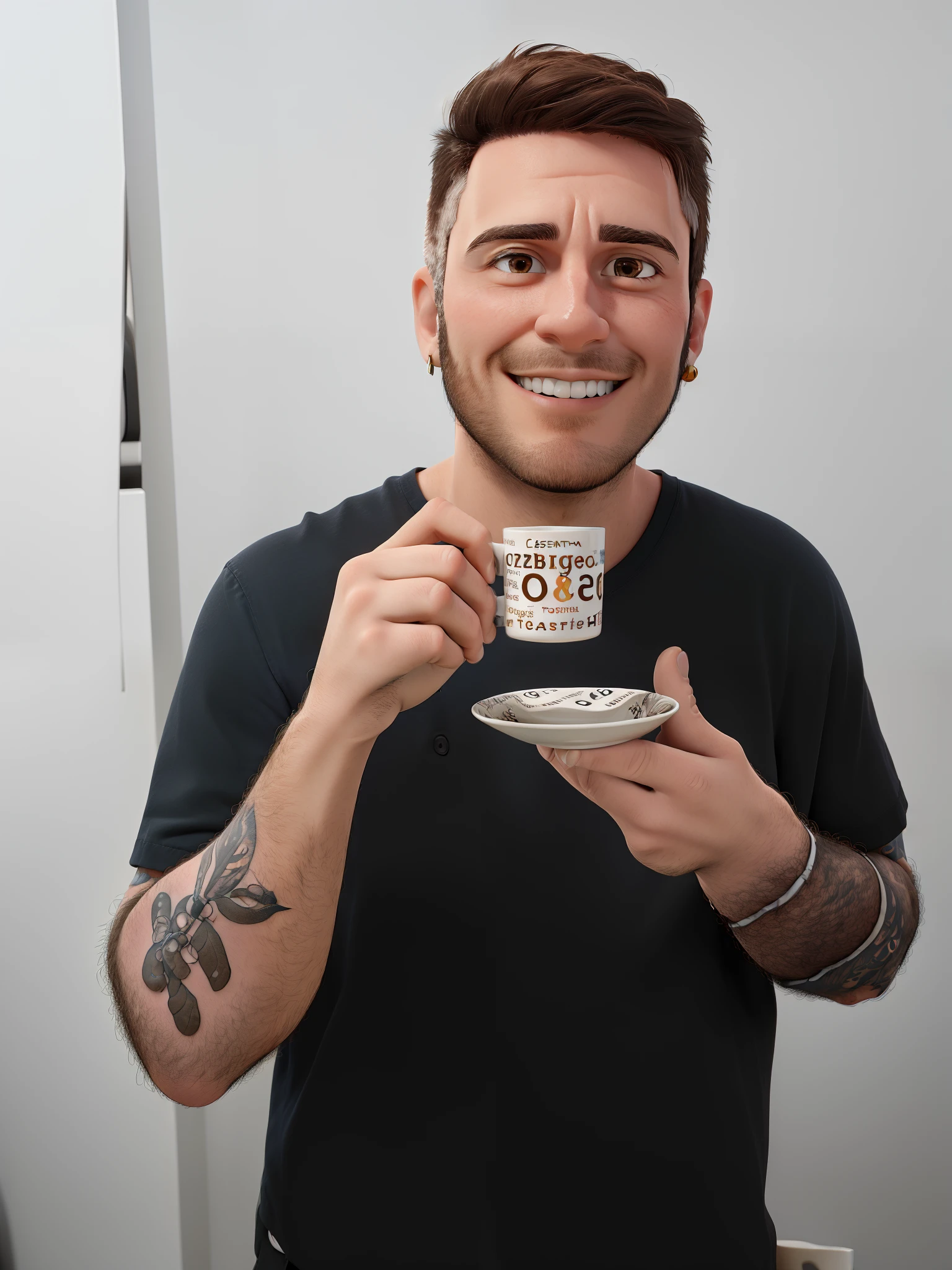 Um homem jovem, Rheumatologist, con cabelo castanho claro curto em corte moderno e barba curta clara. He wears earrings and has tattoos on both arms. holds a cup of coffee.