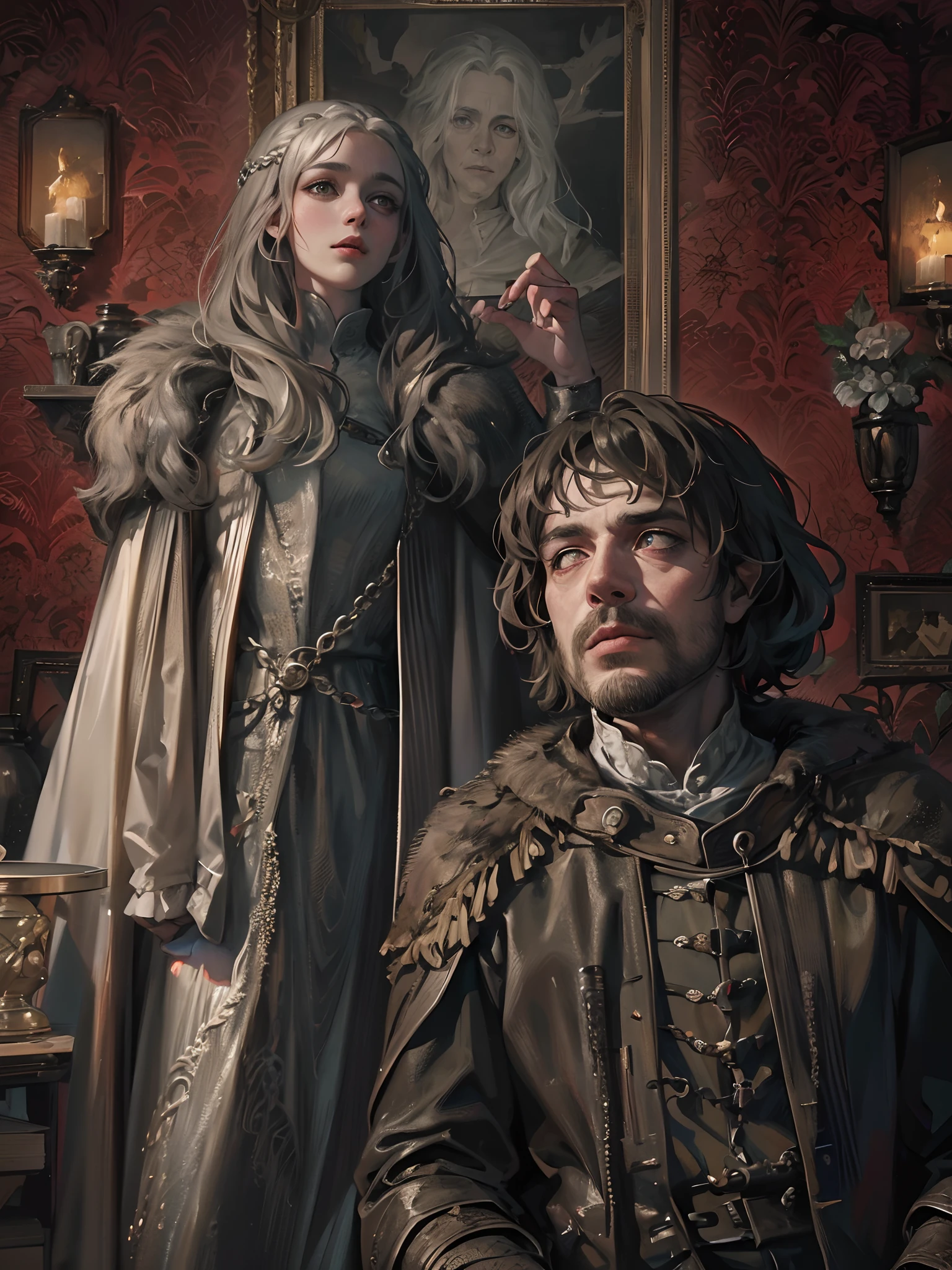 Absurdres masterpiece HDR high quality picture of a random scene from game of thrones portrait with a Tim Burton theme style in a beautiful masterpiece background , detailed character, handsome face