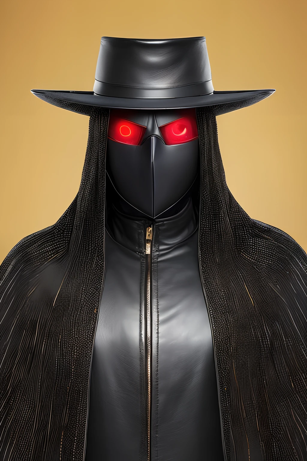 A black hat, a thick black veil hanging from the bottom of the rim to the neck, the face is covered with eyes and mouth and can hardly be seen, and beyond that is a silhouette, a black suit, black leather gloves and black leather long boots, a woman with long black hair