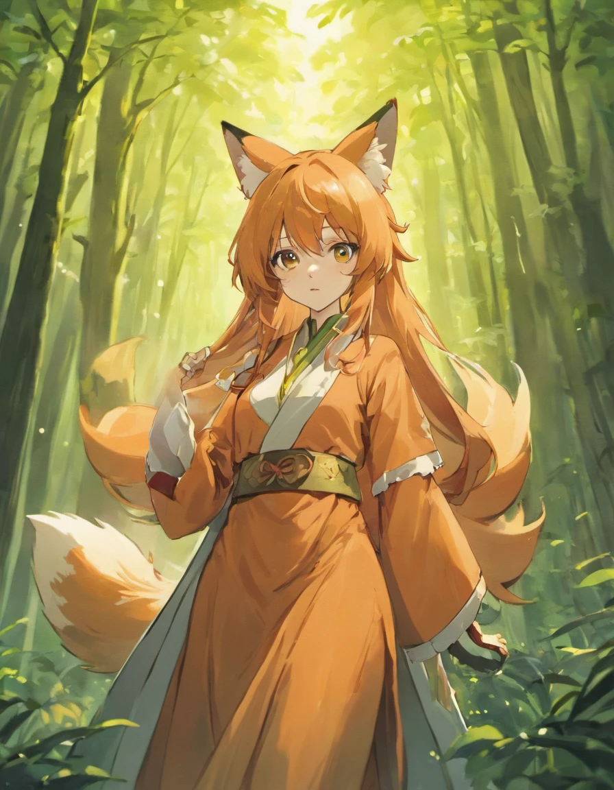 Long orange hair, man, fox ears, tail, feminine man, robes, forest, 8k, masterpiece, best quality, excellent detail) , (high saturation, best shadows, best light, extremely delicate bleaching) anime style