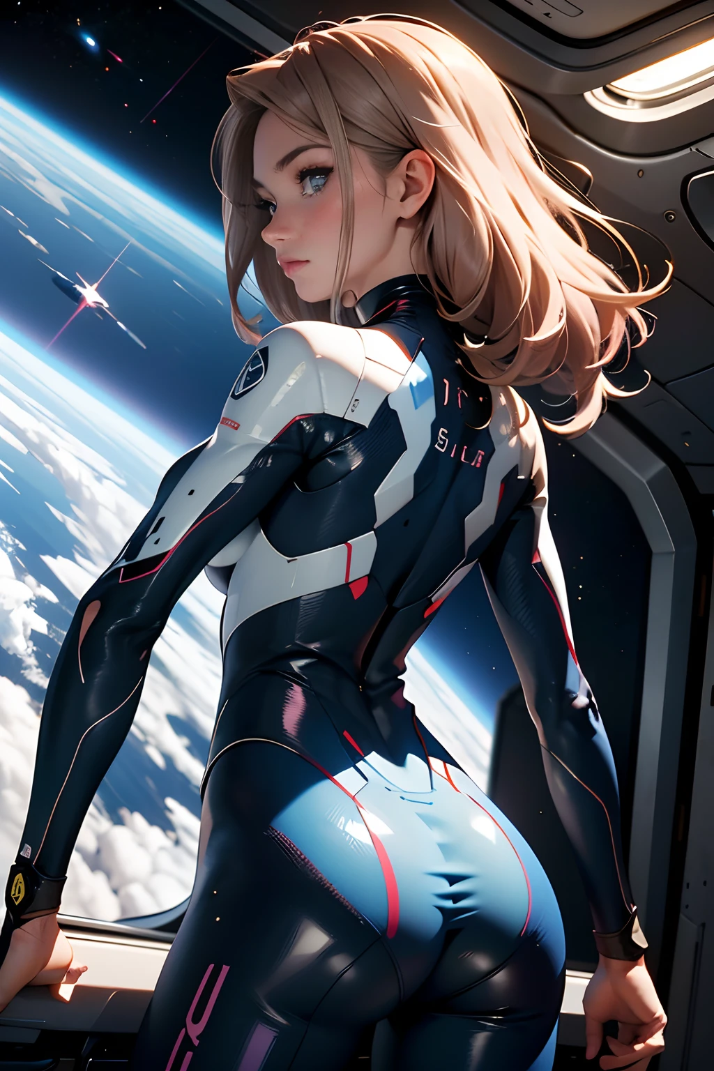 A stunning Japanese woman in a sleek, form-fitting spacesuit that accentuates her graceful curves, embodying both elegance and allure. Her face is exquisitely beautiful, with delicate features that include almond-shaped eyes, full lips, and a flawless complexion that glows under the soft lights of the space station. Her hair is long, silky, and jet black, either flowing freely or styled in a way that complements her futuristic attire. The spacesuit is a deep metallic color, perhaps silver or dark blue, with subtle details that enhance its sophisticated design, such as intricate patterns, metallic sheen, and luminous accents. The suit's material clings to her body like a second skin, highlighting her toned figure, while also being adorned with small technological elements that hint at advanced space technology. The setting is a high-tech space environment, with the woman standing confidently in front of a large window overlooking the vast expanse of space, or perhaps floating gracefully in zero gravity. Her posture is poised and confident, exuding a sense of power and intelligence, yet she also possesses a soft, alluring femininity. The overall mood is one of mystery, allure, and a hint of danger, as if she is on a secret mission in the depths of space, ready to take on any challenge that comes her way. The lighting is cinematic, with soft, glowing highlights and deep shadows that add depth to the scene, making her appear almost ethereal in the vastness of space.