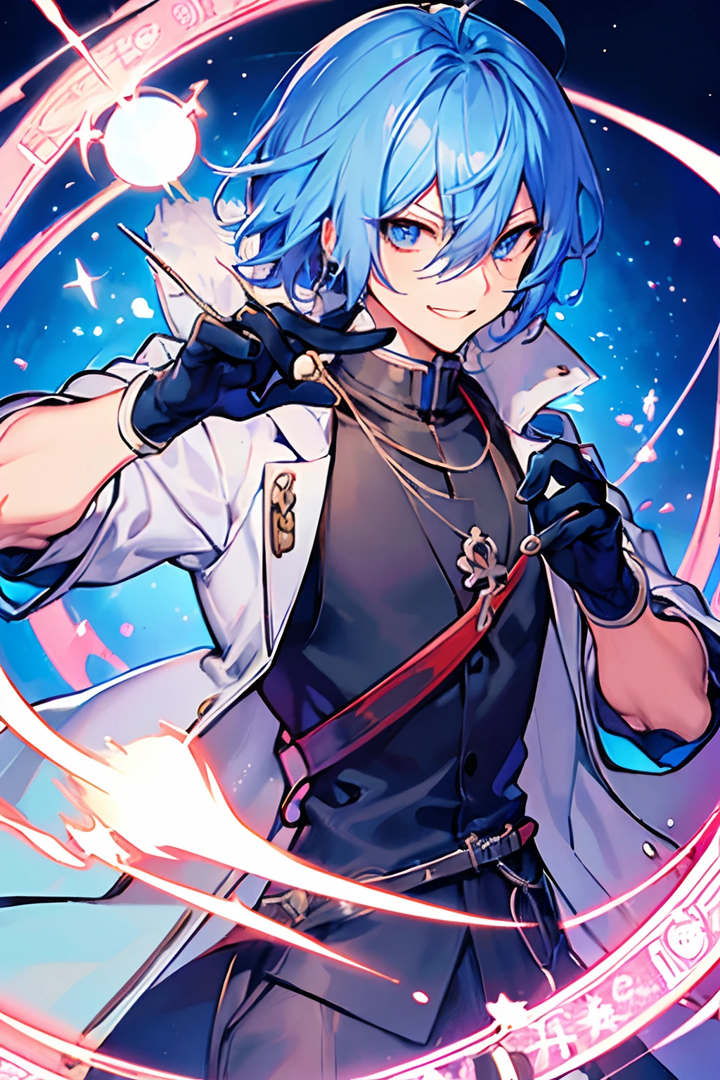 ((masutepiece)), ((Best Quality)), (Ultra-detailed), Illustration, Anime style, laboratory, Magic Circle,male people, Solo, coat, Beautiful blue hair, Beautiful blue eyes, ((Beautiful eyes)), Mesh, Black Gloves, Necklace, Bursting smile, Triumphant look, smug look, self-satisfied look,Ahoge