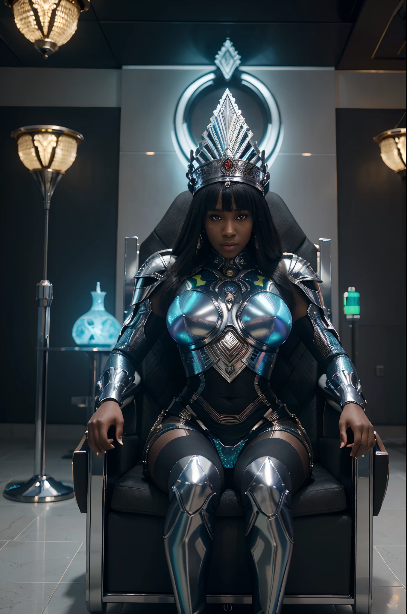 Wide angle shot of african futuristic palace with green african designs on it, African king and African queen sitting on the throne, metallic chrome bodyguard androids holding futuristic spears, standing next to the king and queen, futuristic drones floating in the palace, anime art, afrofuturism art, black anime art, Palace glowing with bbright and vibrant blue lights shining, with beautiful iridescent light, artgerm style, 32k, ultra HD, unreal engine rendered, hyper-realistic image