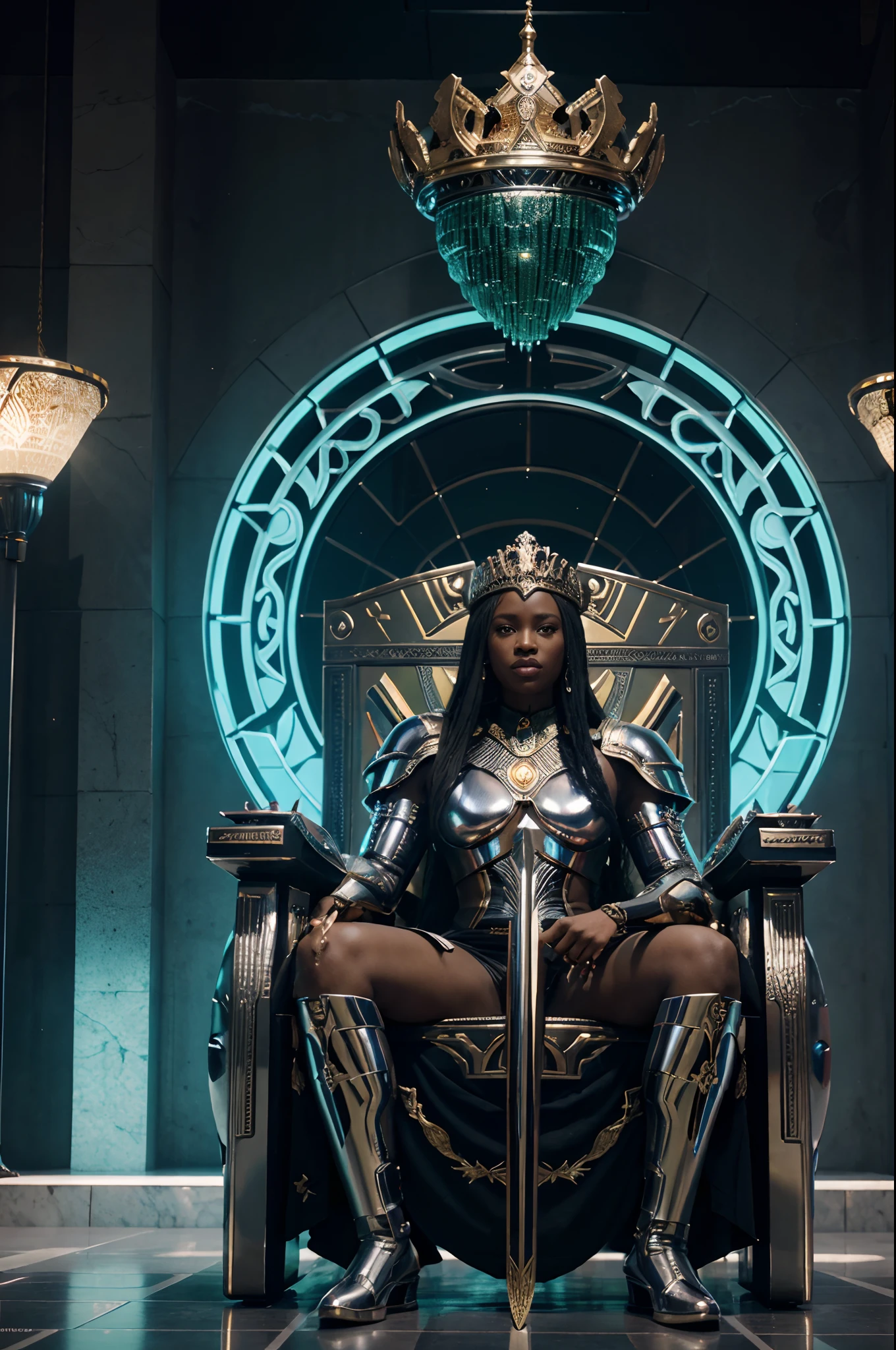Wide angle shot of african futuristic palace with green african designs on it, African king and African queen sitting on the throne, metallic chrome bodyguard androids holding futuristic spears, standing next to the king and queen, futuristic drones floating in the palace, anime art, afrofuturism art, black anime art, Palace glowing with bbright and vibrant blue lights shining, with beautiful iridescent light, artgerm style, 32k, ultra HD, unreal engine rendered, hyper-realistic image