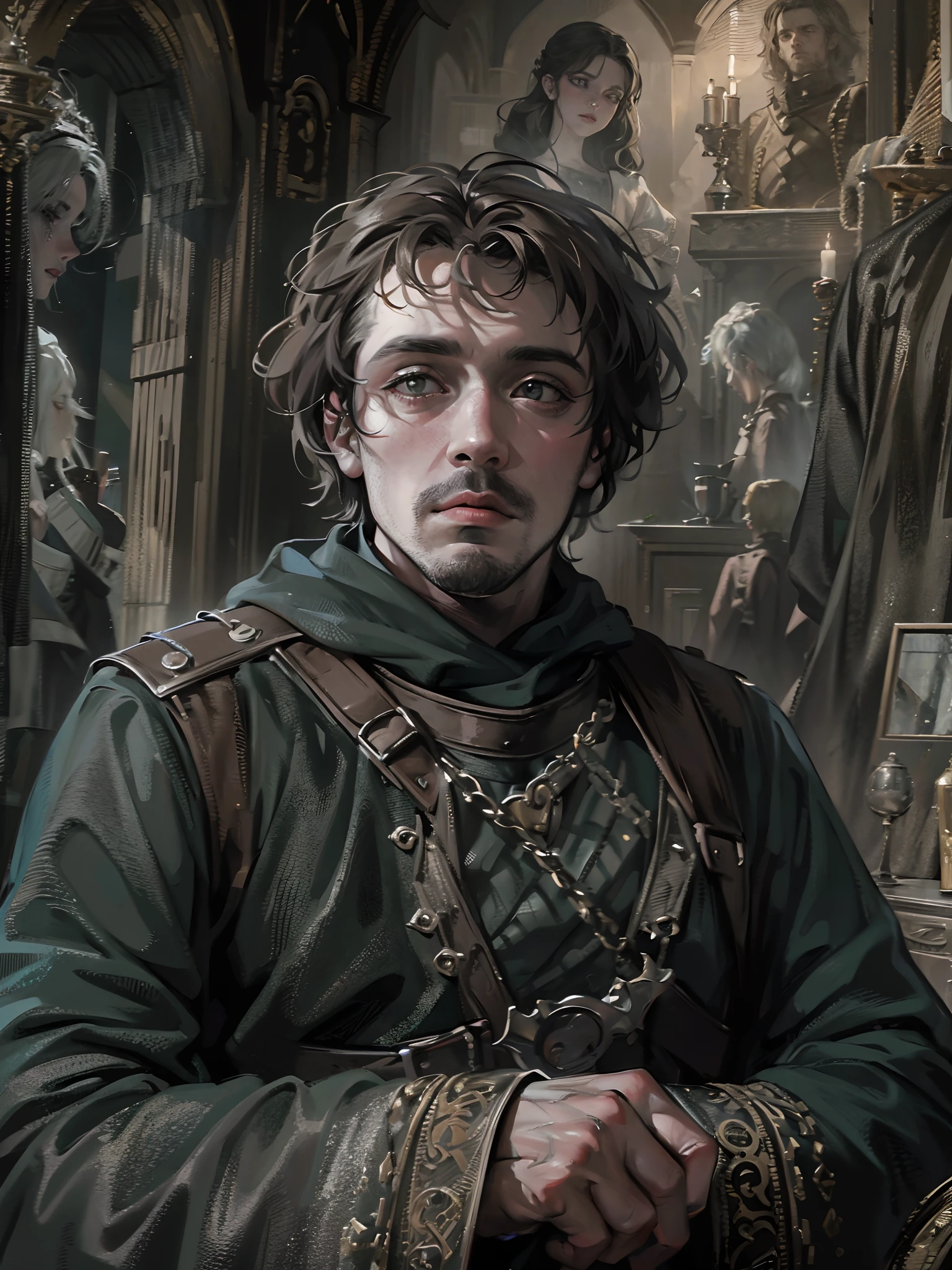 Absurdres masterpiece HDR high quality picture of a random scene from game of thrones portrait with a Tim Burton theme style in a beautiful masterpiece background , detailed character, handsome face