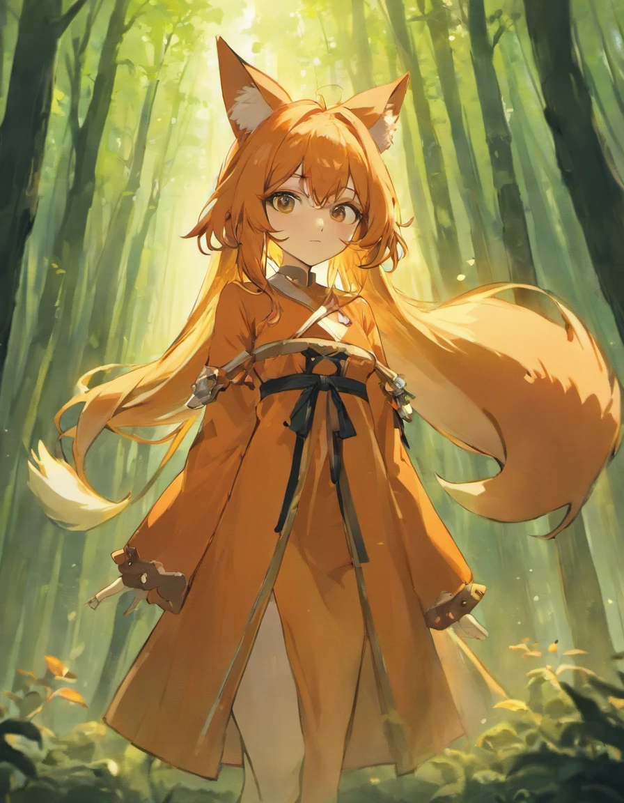 Long orange hair, man, fox ears, tail, beautiful man, robes, forest, male, fox tail, masculine, 8k, masterpiece, best quality, excellent detail) , (high saturation, best shadows, best light, extremely delicate bleaching) anime style