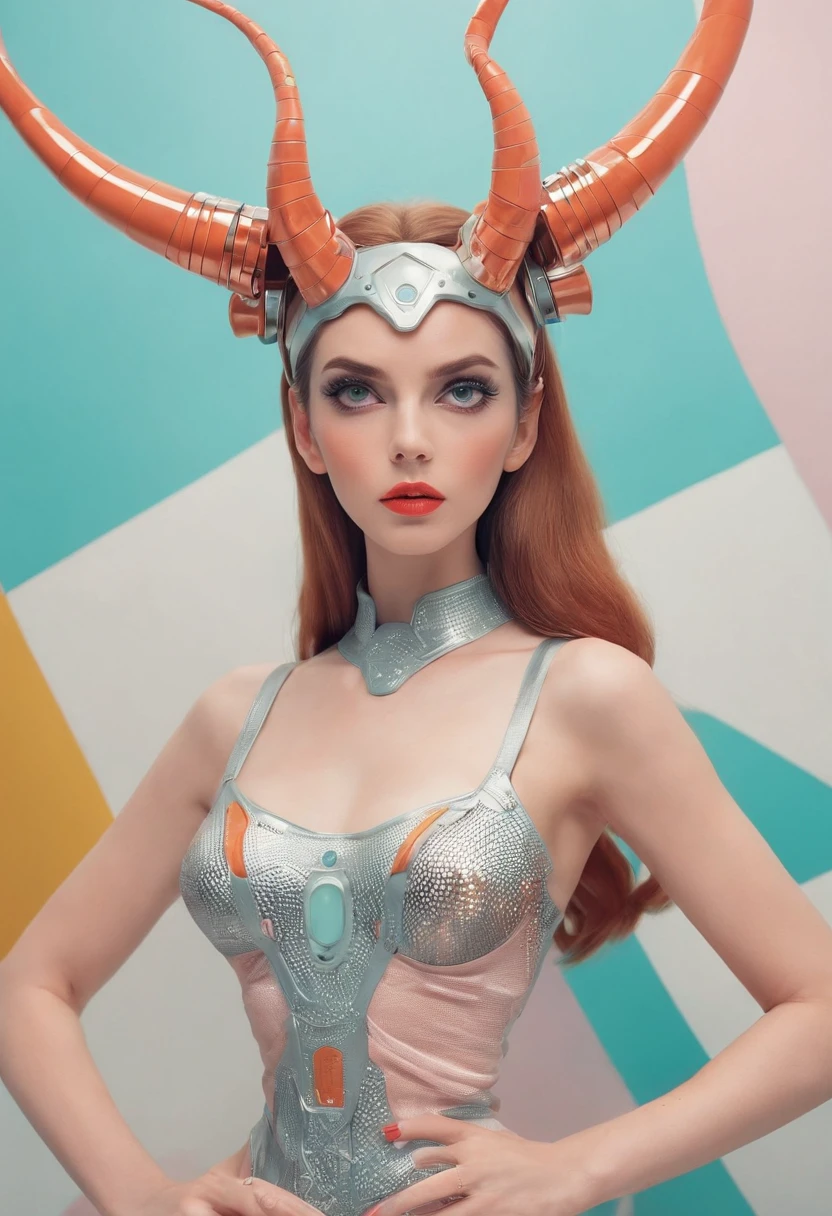 4k image from a 1960s science fiction film by Wes Anderson, Breathtaking demonic woman with horns dressed in sexy lingerie posing for a photo , 1960 - O Wes Anderson, asas de anjo nas costas, pastels colors, Retro-futuristic fashion clothes from the 60s, ), Retro-futuristic fashion clothes from the 60s with old robots, Luz Natural, Psicodelia, futurista estranho, retro-futurista, photo-realistic, Sharp background details.