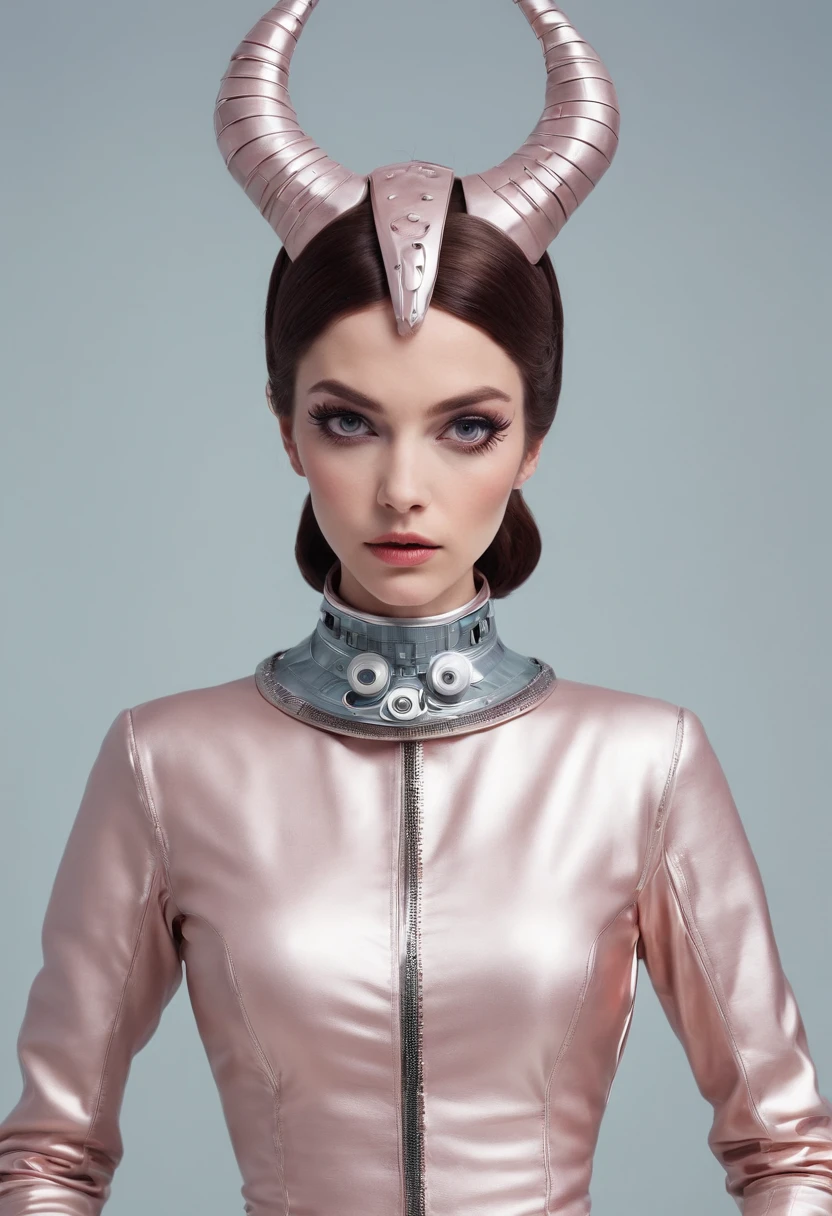 4k image from a 1960s science fiction film by Wes Anderson, Breathtaking demonic woman with horns dressed in sexy lingerie posing for a photo , 1960 - O Wes Anderson, asas de anjo nas costas, pastels colors, Retro-futuristic fashion clothes from the 60s, ), Retro-futuristic fashion clothes from the 60s with old robots, Luz Natural, Psicodelia, futurista estranho, retro-futurista, photo-realistic, Sharp background details.