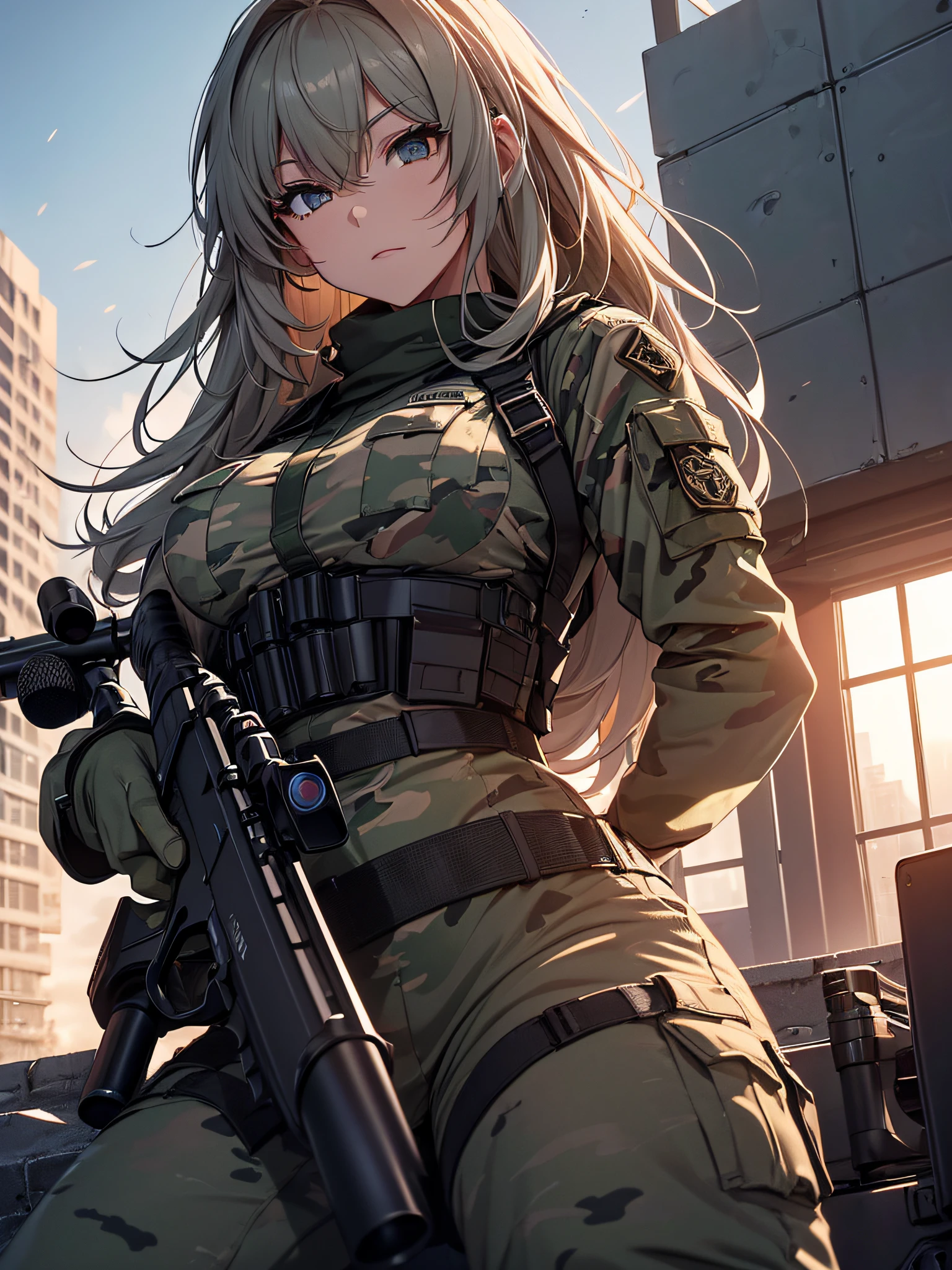 An elite sniper aiming at her victim, on top of a building, lying down (((using a long-range rifle))), laser sight, camouflage clothing, holster, lots of ammunition, big ass, thick thighs, { extremely detailed 16k CG unit wallpaper}, expansive landscape photography, (a low view focusing on the character and setting), (wide open field view), (low angle shot), (high light: 1.5), (low light: 1.4), (warm light source: 1.8), complex details, (iridescent colors: 1.5), (bright lighting), (atmospheric lighting), Dreamy, aesthetic, action