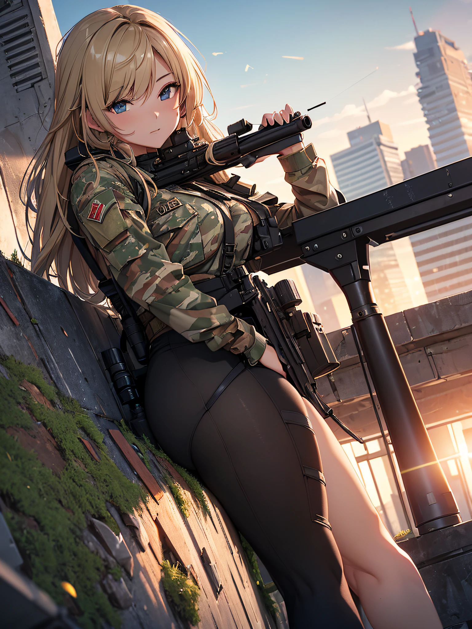 An elite sniper aiming at her victim, on top of a building, lying down (((using a long-range rifle))), laser sight, camouflage clothing, holster, lots of ammunition, big ass, thick thighs, { extremely detailed 16k CG unit wallpaper}, expansive landscape photography, (a low view focusing on the character and setting), (wide open field view), (low angle shot), (high light: 1.5), (low light: 1.4), (warm light source: 1.8), complex details, (iridescent colors: 1.5), (bright lighting), (atmospheric lighting), Dreamy, aesthetic, action