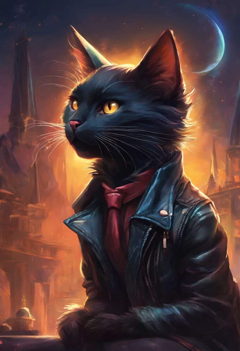 punk black cat animal with leather jacket
