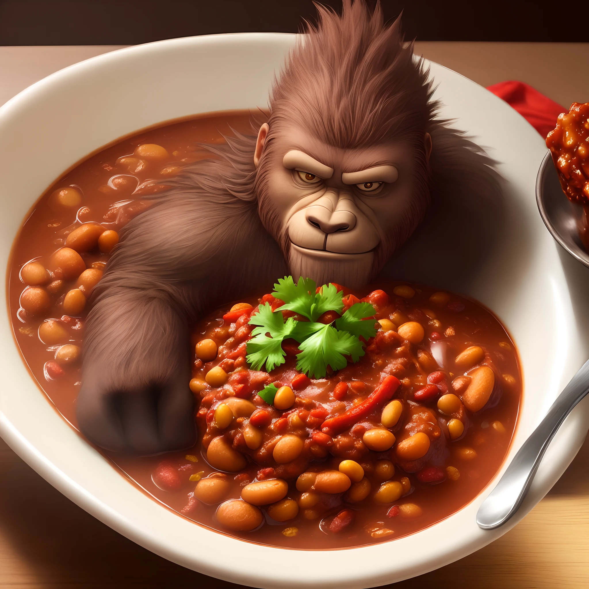 Bigfoot eating a bowl of chili