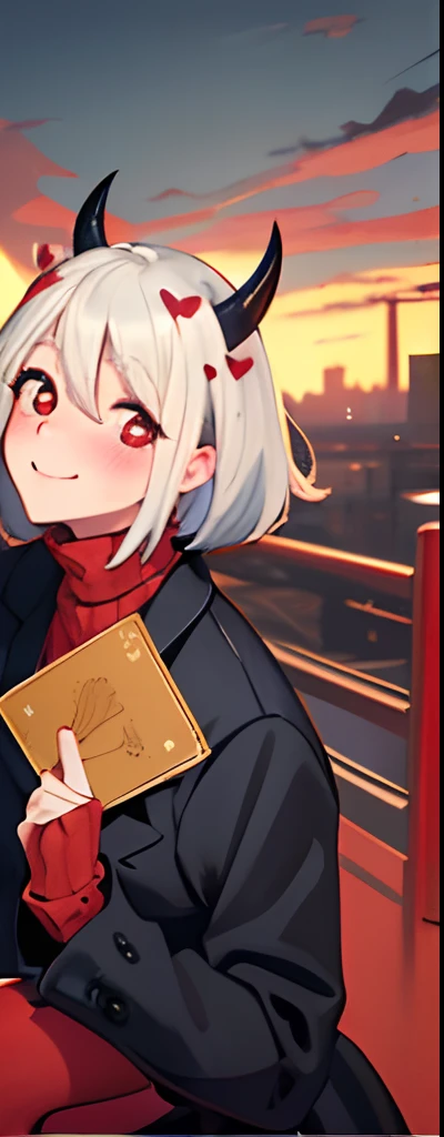 (masterpiece, best quality:1.2), cowboy shot, solo, 1girl, htmodeus, blush, happy, looking at viewer, holding, passport, heart-shaped pupils, white medium short hair, black horns, daemon tail, formal, black jacket, red sweater, turtleneck, sleeves past wrists, black skirt, red pantyhose