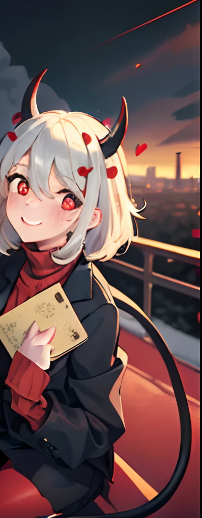 (masterpiece, best quality:1.2), cowboy shot, solo, 1girl, htmodeus, blush, happy, looking at viewer, holding, passport, heart-shaped pupils, white medium short hair, black horns, daemon tail, formal, black jacket, red sweater, turtleneck, sleeves past wrists, black skirt, red pantyhose