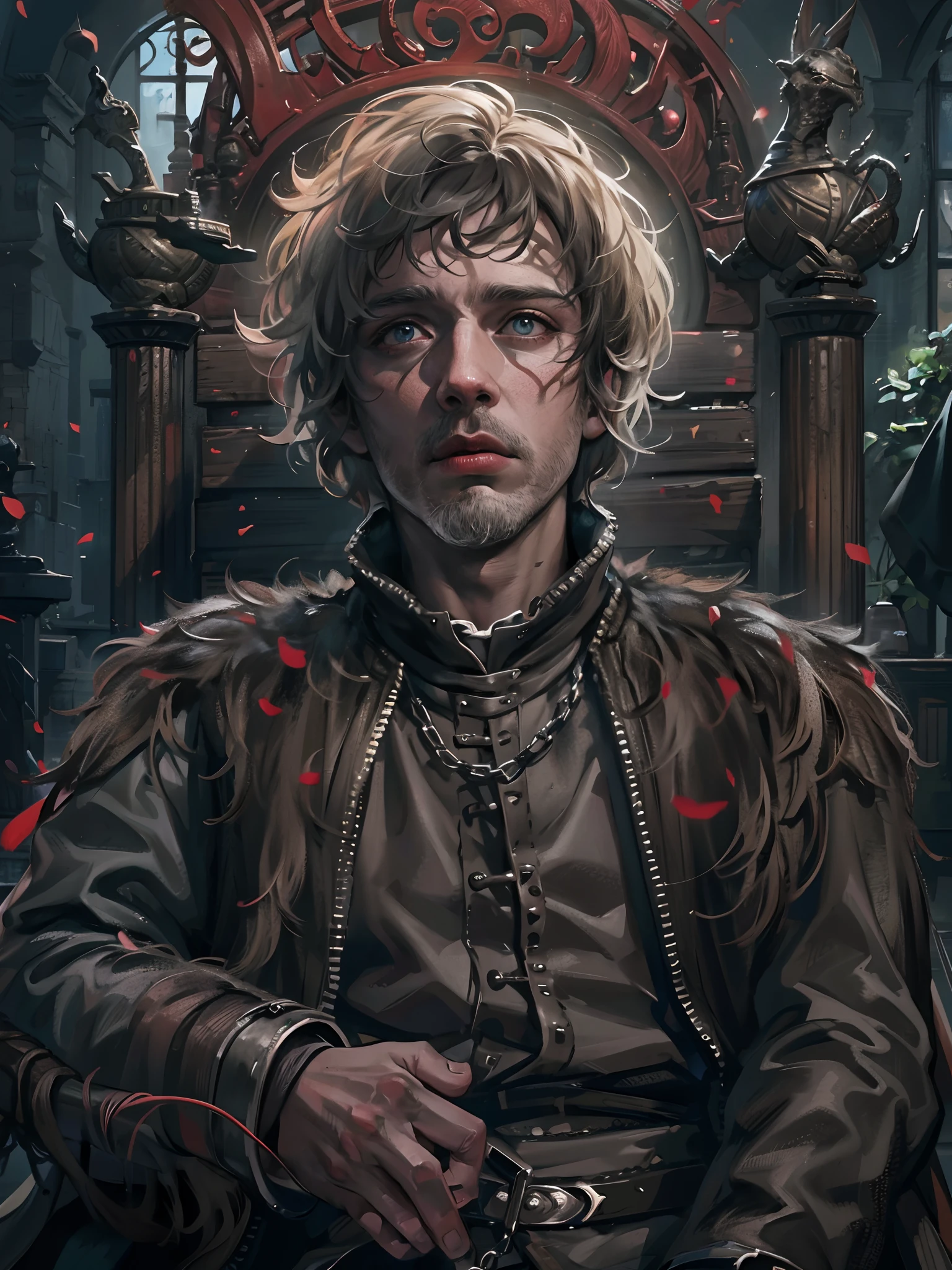 Absurdres masterpiece HDR high quality picture of a random scene from game of thrones portrait with a Tim Burton theme style in a beautiful masterpiece background , detailed character, handsome face