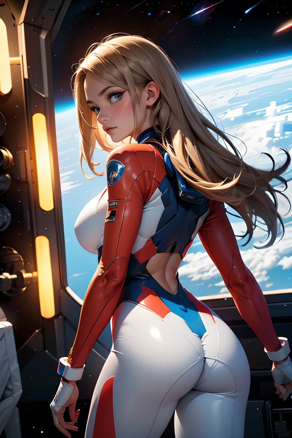 rear view, backside view, turning away, sandy hair, eyes are blue, fit body large breasts slender thighs slender waist pilot suit solo looking away from viewer, in space, long hair, blushing, determination, 8k, extreme detail,