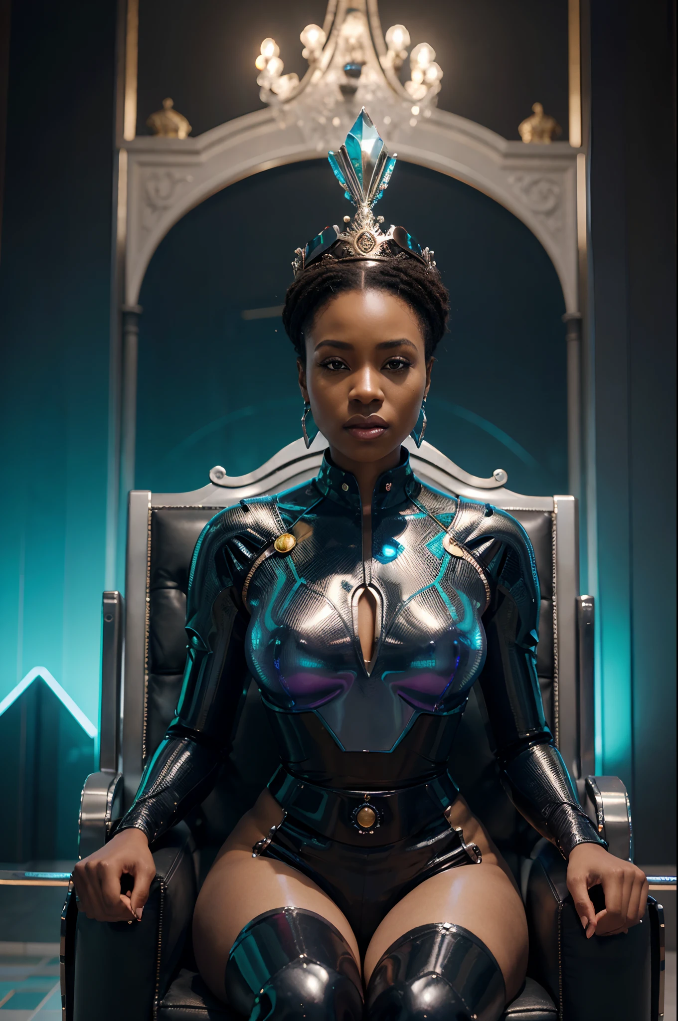 Wide angle shot of african futuristic palace with green african designs on it, African king and African queen sitting on the throne, metallic chrome bodyguard androids holding futuristic spears, standing next to the king and queen, futuristic drones floating in the palace, anime art, afrofuturism art, black anime art, Palace glowing with bbright and vibrant blue lights shining,  with beautiful iridescent light, artgerm style, 32k, ultra HD, unreal engine rendered, hyper-realistic image