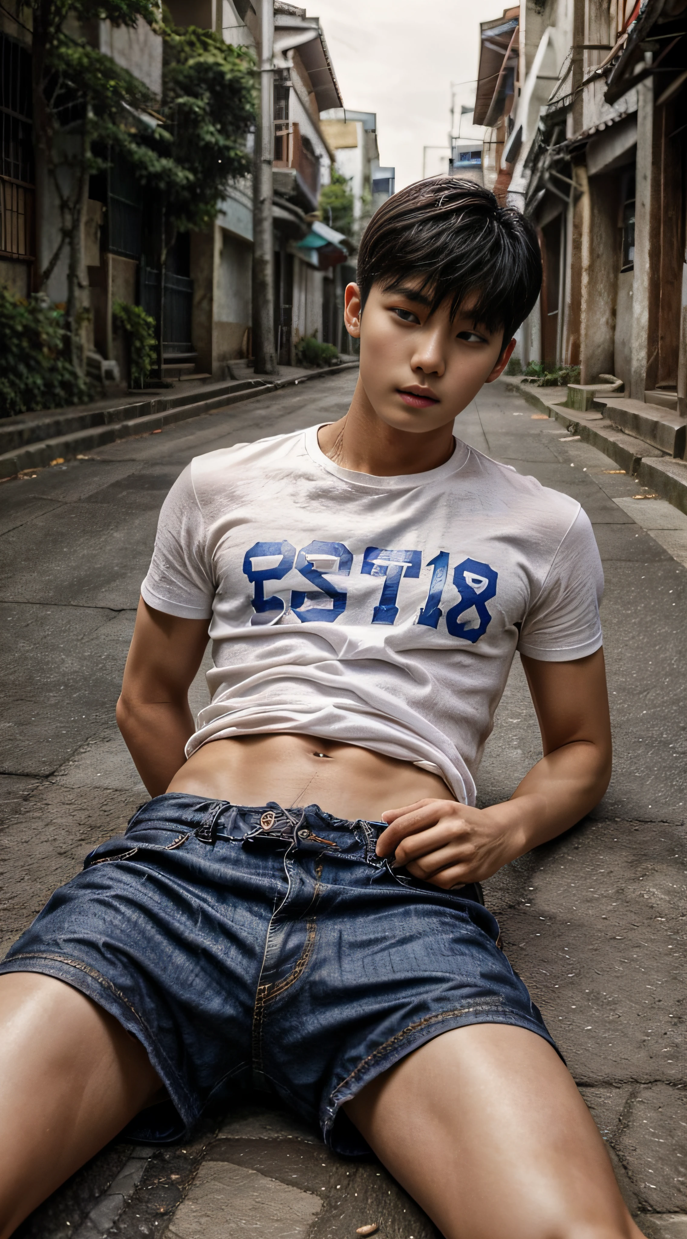 tmasterpiece，A boy with，18yr old，Asian people，Korea，Cotton and linen short sleeves，Excitation,Abs，Ancient wind，lies on the ground，Spread your legs，looking at me