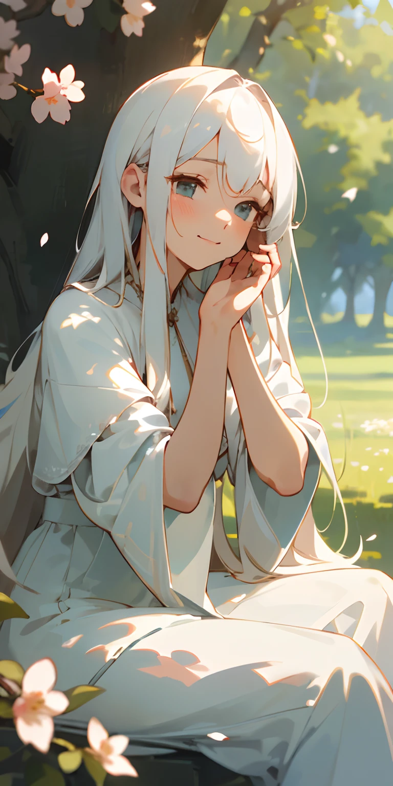 (best quality,4k,8k,highres,masterpiece:1.2),girl with long white hair,sitting in a field of green plants and flowers,warm lighting,hand resting under her chin,wearing a white dress,blurry foreground,beautiful detailed eyes,hair gently blowing in the wind,vivid colors,soft sunlight filtering through the trees,designer clothes,peaceful expression,delicate facial features,serene atmosphere,carefully painted details,subtle shadows,impressive level of realism,comfortable outdoor setting,natural beauty,gentle breeze brushing against her cheeks,slight smile,tranquil background,cherry blossom trees in the distance,harmonious color palette,endless greenery,romantic atmosphere