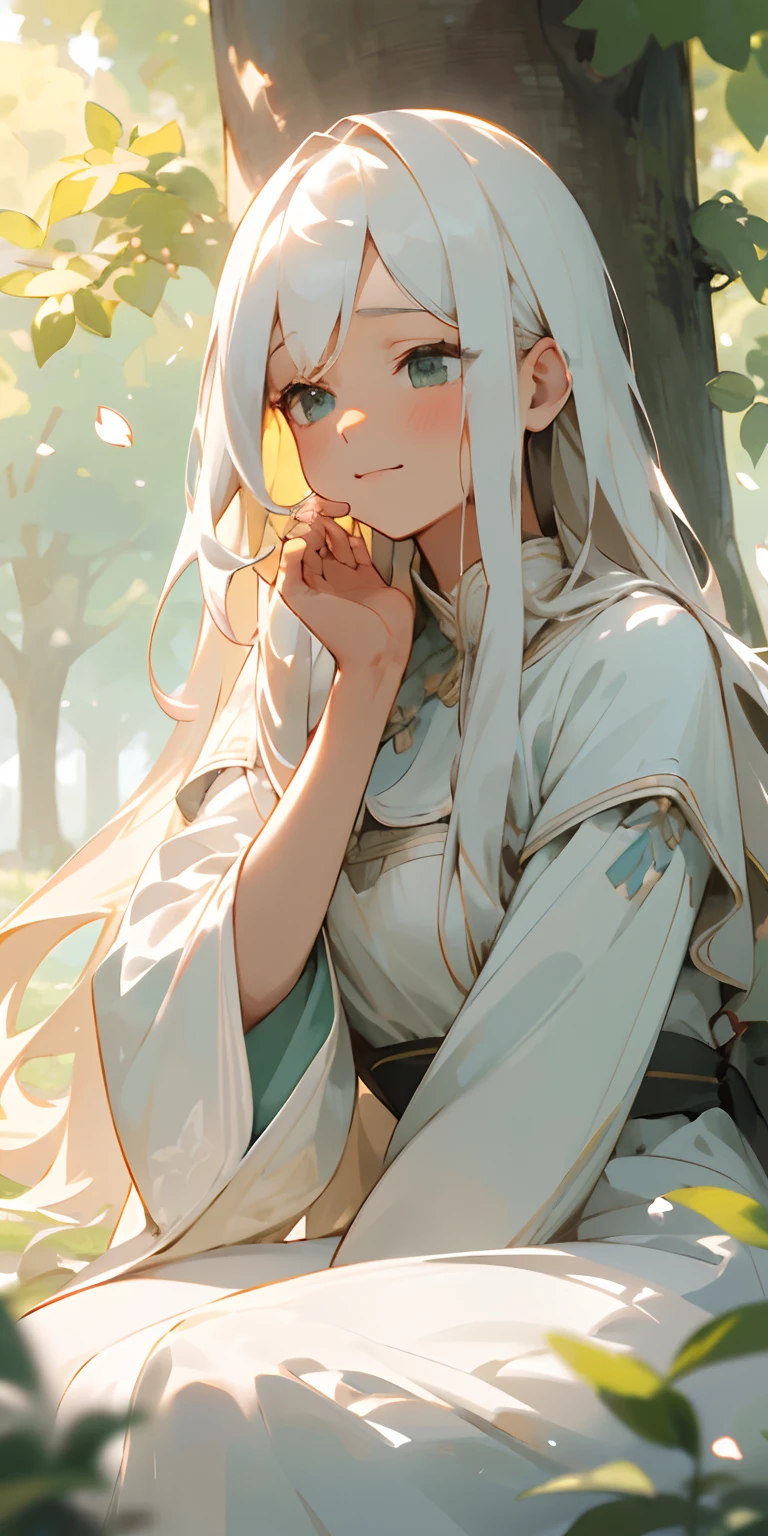 (best quality,4k,8k,highres,masterpiece:1.2),girl with long white hair,sitting in a field of green plants and flowers,warm lighting,hand resting under her chin,wearing a white dress,blurry foreground,beautiful detailed eyes,hair gently blowing in the wind,vivid colors,soft sunlight filtering through the trees,designer clothes,peaceful expression,delicate facial features,serene atmosphere,carefully painted details,subtle shadows,impressive level of realism,comfortable outdoor setting,natural beauty,gentle breeze brushing against her cheeks,slight smile,tranquil background,cherry blossom trees in the distance,harmonious color palette,endless greenery,romantic atmosphere