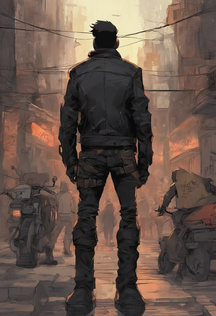 (((um ****** negro))), (cabelo desgrenhado), ((in heavy pants and leather jacket)), (botas de viagem bege), (Na rua), (cores vivas),  (Dentro do bar), post-apocalyptic city, (Estilo Pixar)++, Jean-Baptiste Monge, --ar 2:3 --testp;