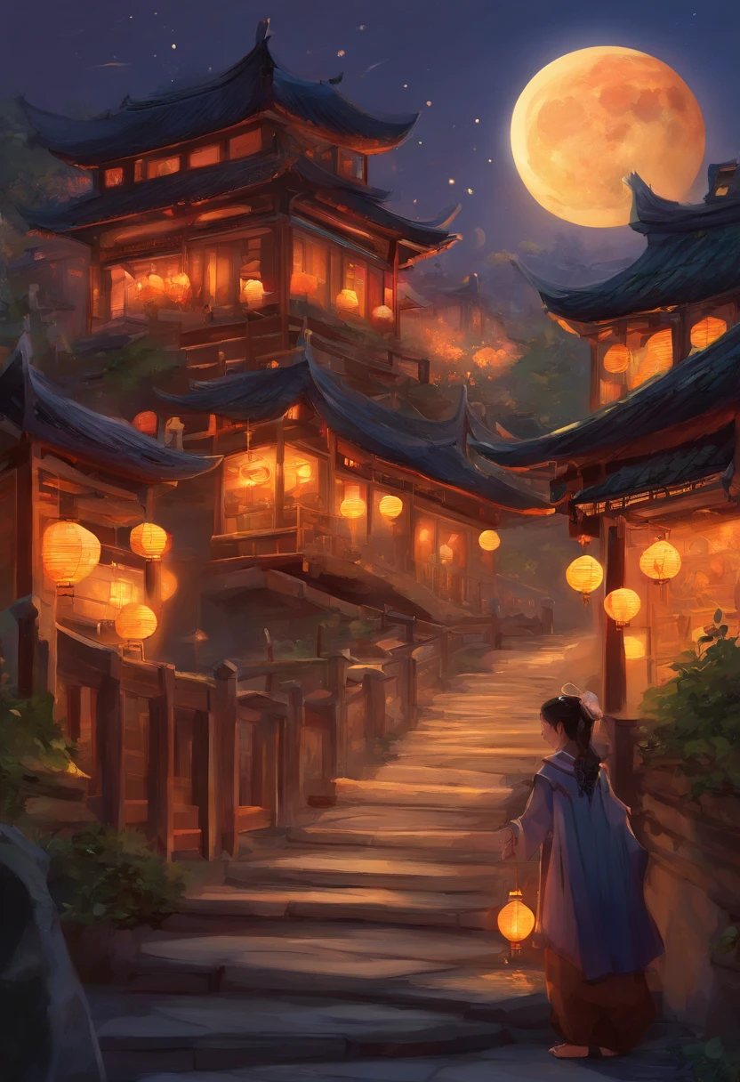 A festival of lights on the night of the full moon in China. Children light candles on the handrails of their balconies. Children are happily playing with paper lanterns in the shape of rabbits made of oiled paper. peaceful night.
