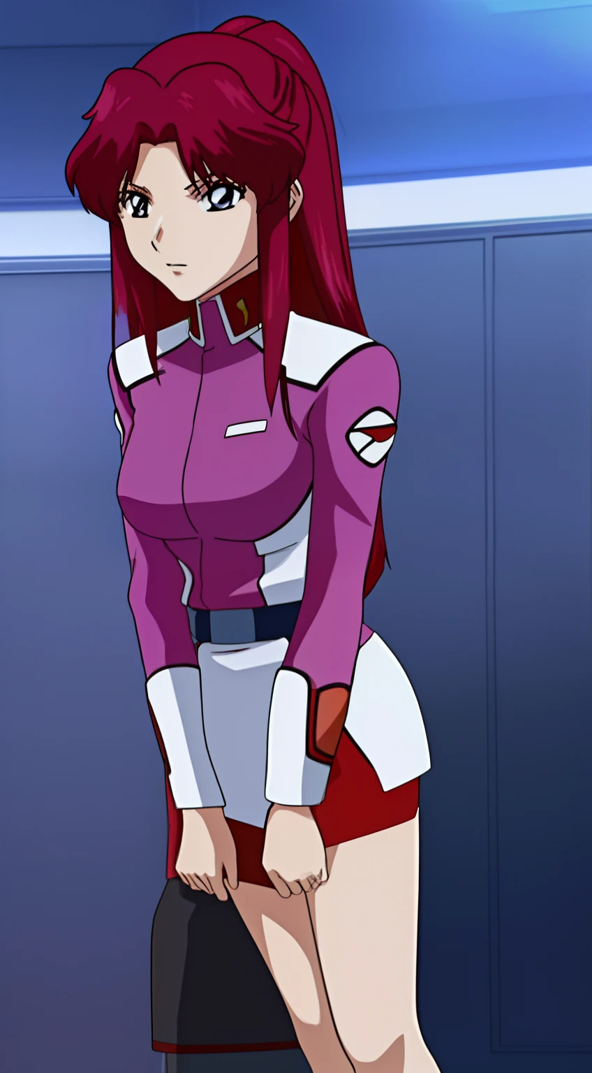 Woman in red uniform standing in a room, Black tight mini skirt、Black tight skirt、Tight mini skirt、Ultra mini skirt、Black tight skirt、Tight mini skirt、asuka suit under clothes!, Frey Ulster、Misato Katsuragi, portrait anime space cadet girl, Modern sci-fi anime, full body zenkai! asuka suit, wearing a red captain's uniform, a female anime character, Sci-Fi Anime, Asuka, anime girl of the future, Seductive Anime Girl