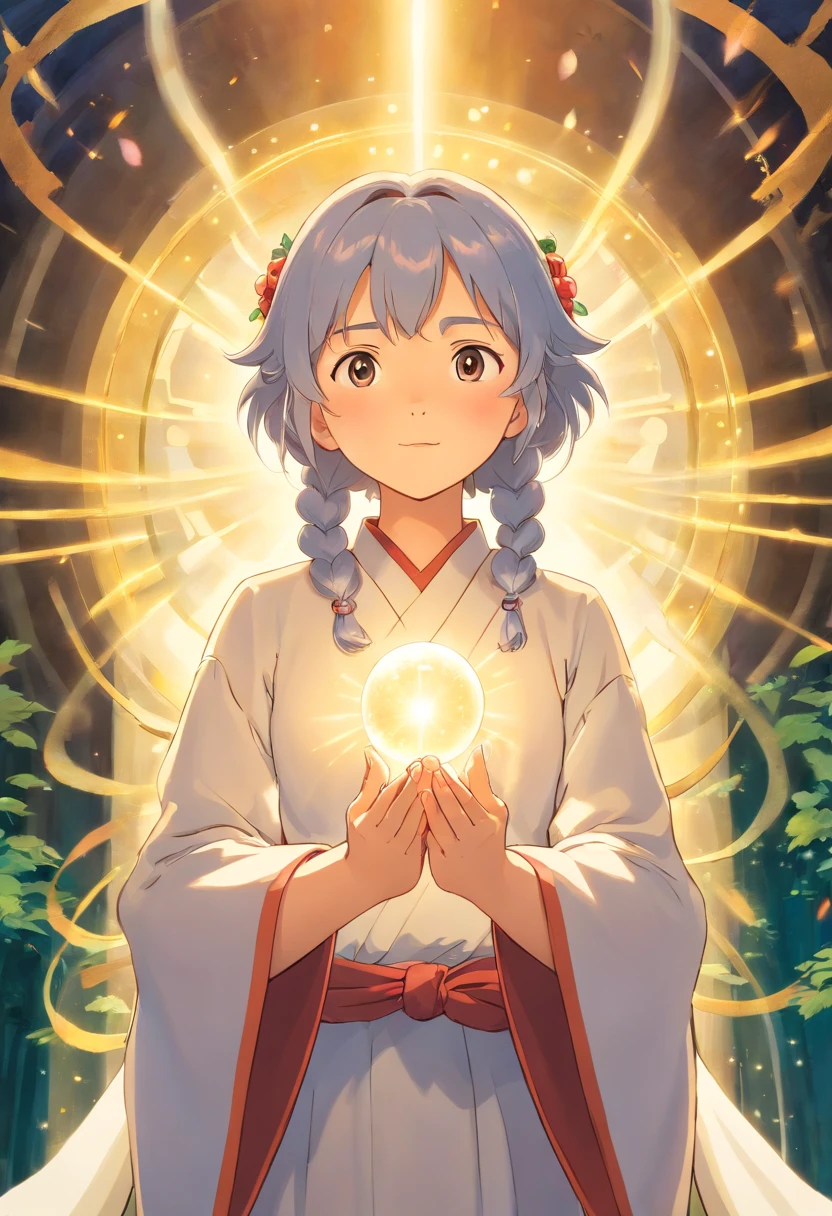 Image of the Goddess gently opening her hands. From the sphere emanates a soft light.