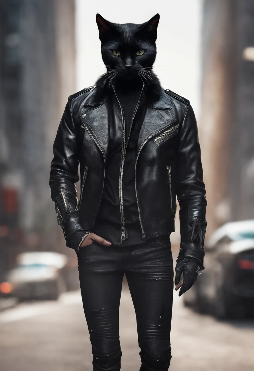 punk black cat animal with leather jacket
