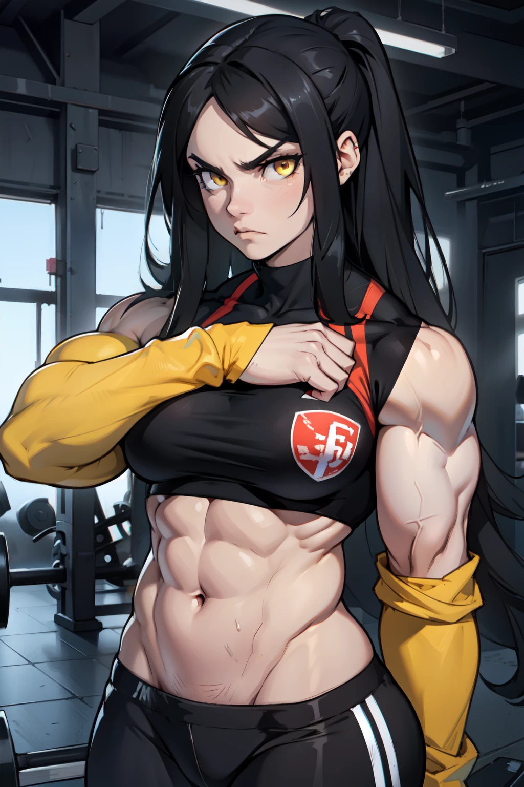 angry ((((1girl)))) (((bodybuilder))) pale skin black hair very long hair yellow eyes long abs