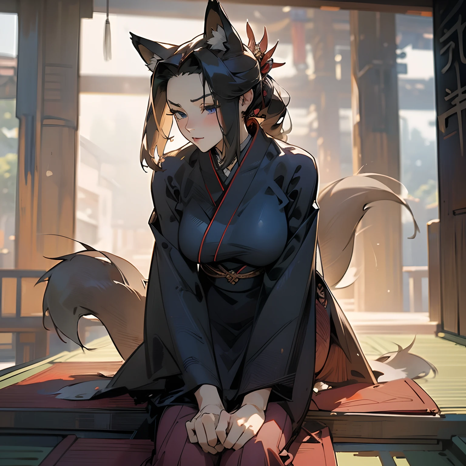 ((masterpiece)),((high resolution)),((best quality)), extremely fine and beautiful, super fine illustration, realistic skin, (insanely detailed anime eyes, eyes focus, face closeup),vivid and beautiful, shocking sensation, incredibly detailed,(insanely detailed anime eyes, eyes focus, face closeup), one woman, milf, sexy woman, mature woman, fuckable, NSFW, skinny, sensual, beautiful detailed girl, supple breasts, teardrop breasts, ((front view)), looking up at woman, looking down, black hair, (Embarrassed:1.2), covered, hair covering breasts, ((black hair)), (very long hair), ((fox ears)), blue eyes, profile, (sophisticated red kimono:1.4), (Obi:1.0), (((dark voluminous fox tail))), (medium-large breasts:1.4), (plump thighs), (muscular:1.6), (wide hips), parted rosy plump lips, movie lighting, perfect shadow, realistic lighting shaded, Chinese style, (((voluminous fox tail))), andon, (((sit flat on the floor with one's legs bent backwards))), drawing from behind, old Japanese architecture, drawing outside from inside, Japanese garden, night, indoors, Japanese shrine, tatami, outdoor corridor, pond, Japanese maples, leaves changing color, dynamic angle