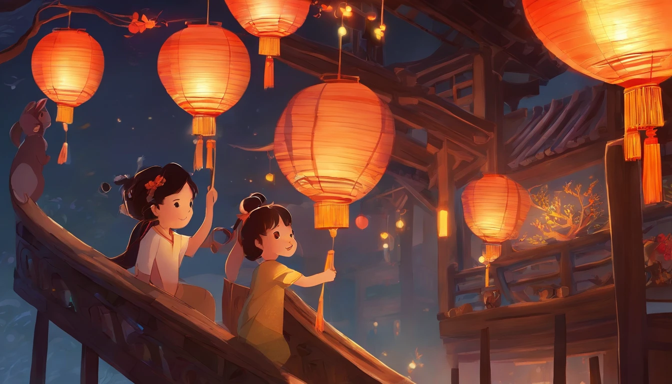 A festival of lights on the night of the full moon in China. Children light candles on the handrails of the balcony. Children are happily playing with paper lanterns in the shape of rabbits made of oiled paper. peaceful night.