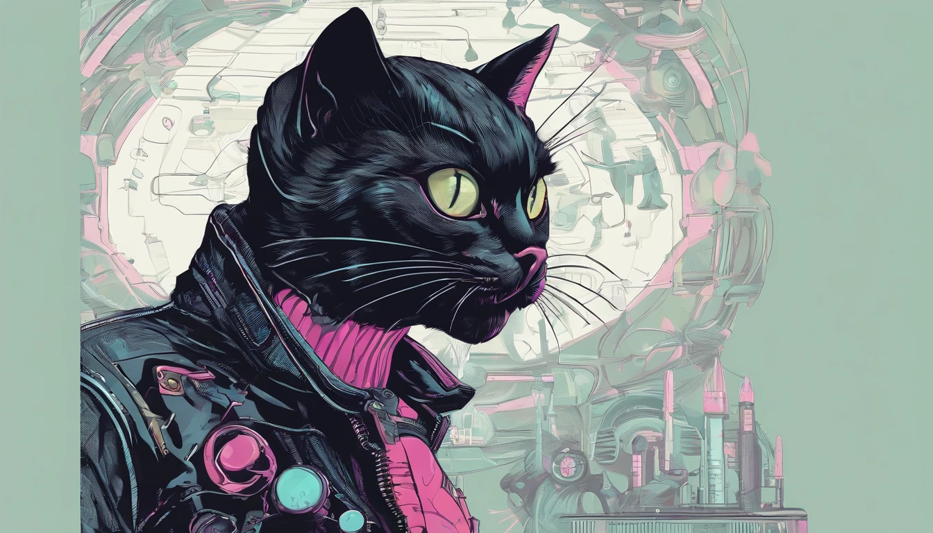 punk black cat animal with leather jacket