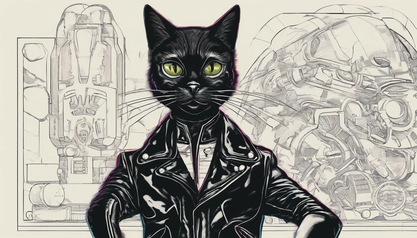 punk black cat animal with leather jacket