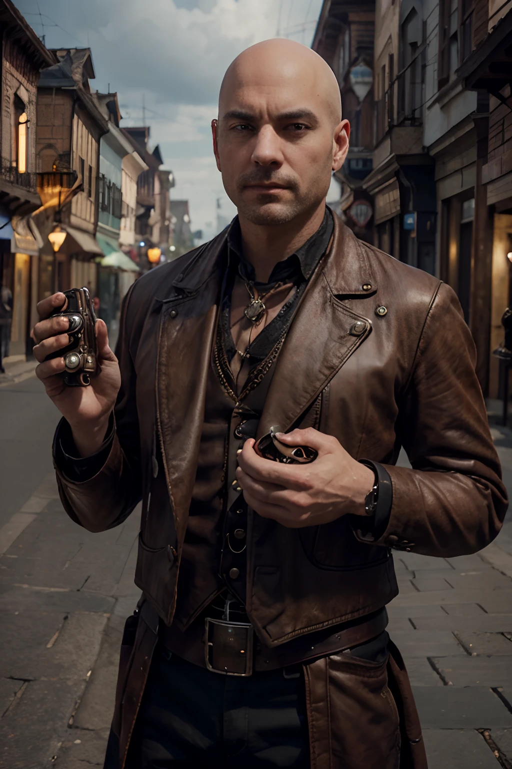 a bald man with an mechanical heart in his hand is standing in the middle of an a steampunk town, detailed, realistic, 8k uhd, high quality