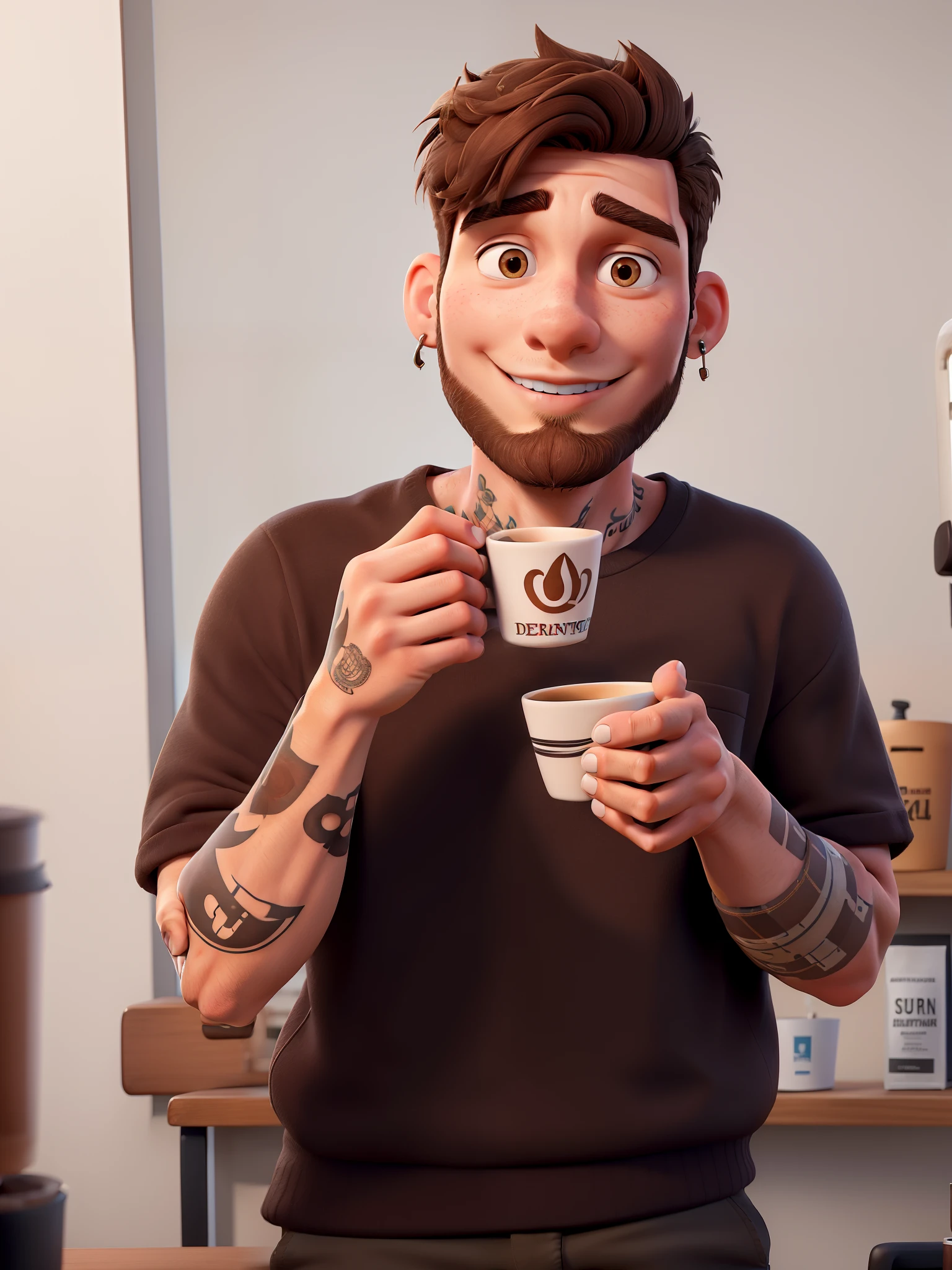 A young man, a dermatologist, with short light brown hair in a modern cut and a short beard. He wears earrings and has tattoos on both arms. He holds a cup of coffee
