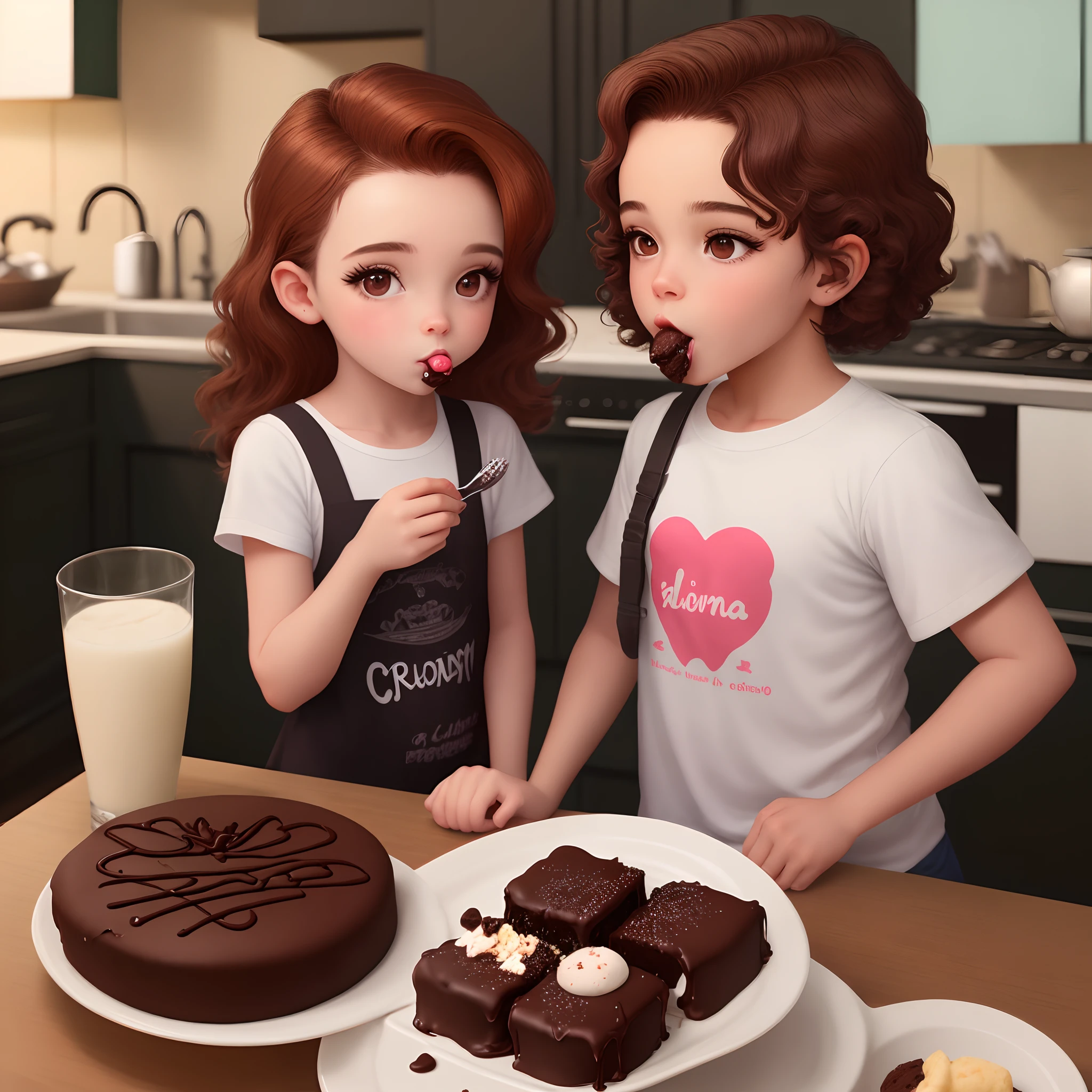Crie uma imagem com  cabelo preto comendo brigadeiro e uma menina comendo um brownie com  uma cozinheira ruiva entregando