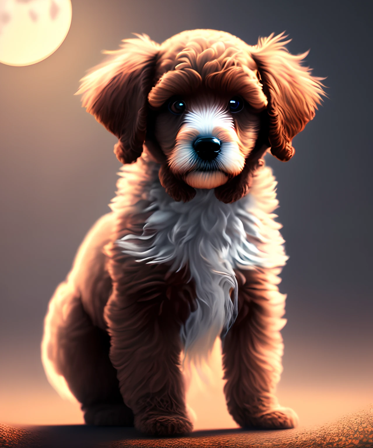 Perfect centering, Cute  brown poodle, standing position, abstract beauty, centered, Looking at the camera, Facing the camera, Near-perfect, Dynamic, moonlight glow, highly detaild, digital painting, Art Station, concept-art, silky, Sharp focus, 8K, High-definition resolution, Disney Illustration,