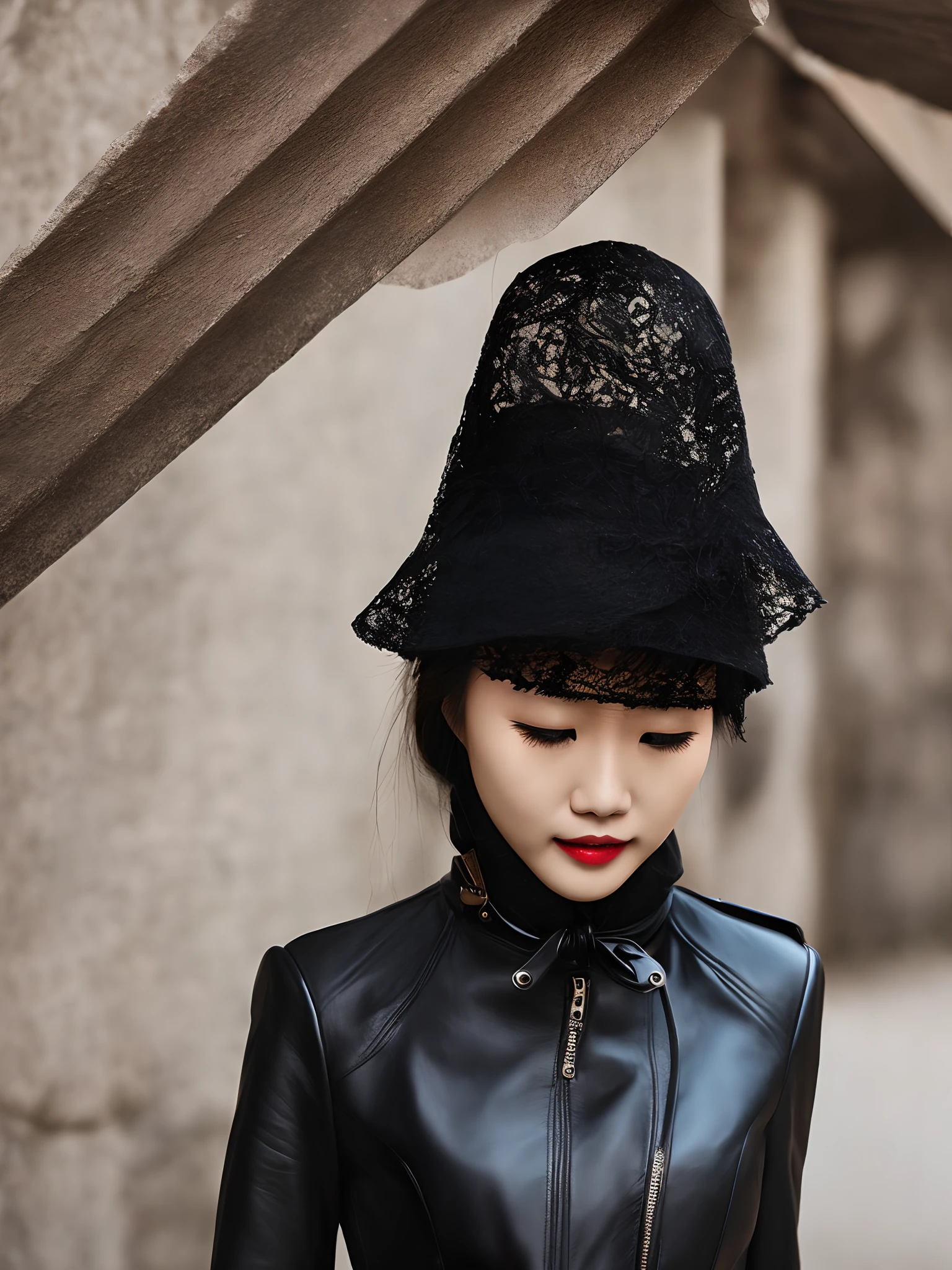 Black hat、A thick black veil hung from under the eaves to the neck covers the eyes and mouth of the face, making it almost invisible、Beyond that is a silhouette、black suits、Black leather gloves and black leather long boots、Woman with long black hair