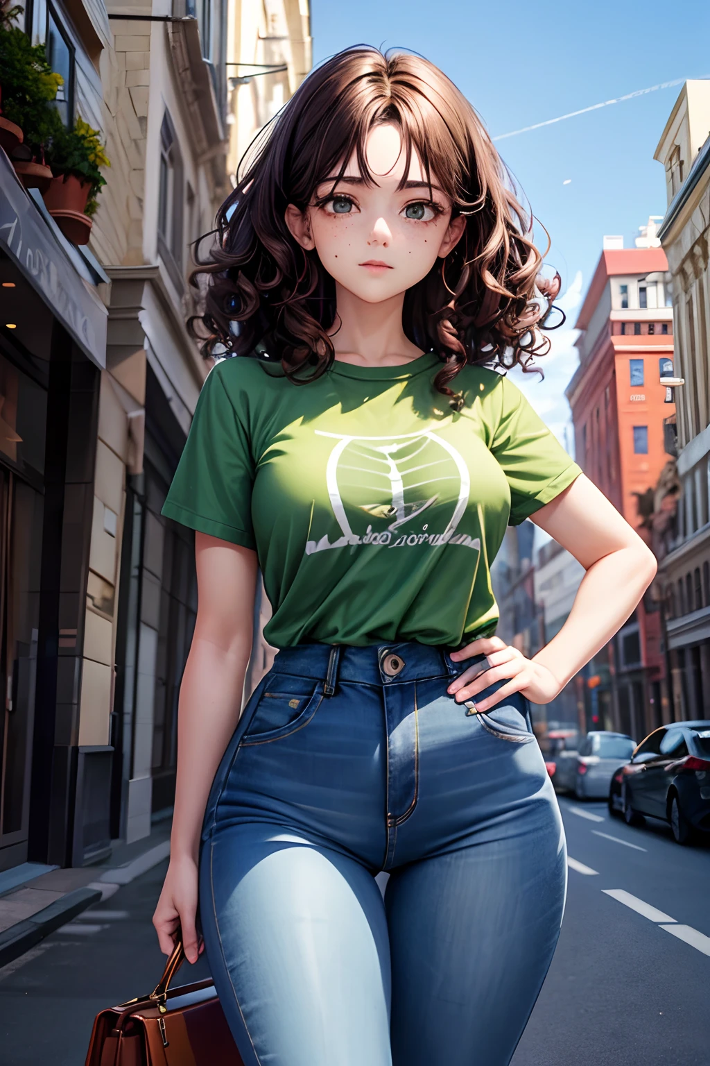 1woman, wide hips, wearing t-shirt, tight jeans, shoulder length dark brown very curly hair, smaller facial features, green brown eyes, paler skin, brown freckles, city, absurdres, high res, ultrasharp, 8K, masterpiece, looking at viewer