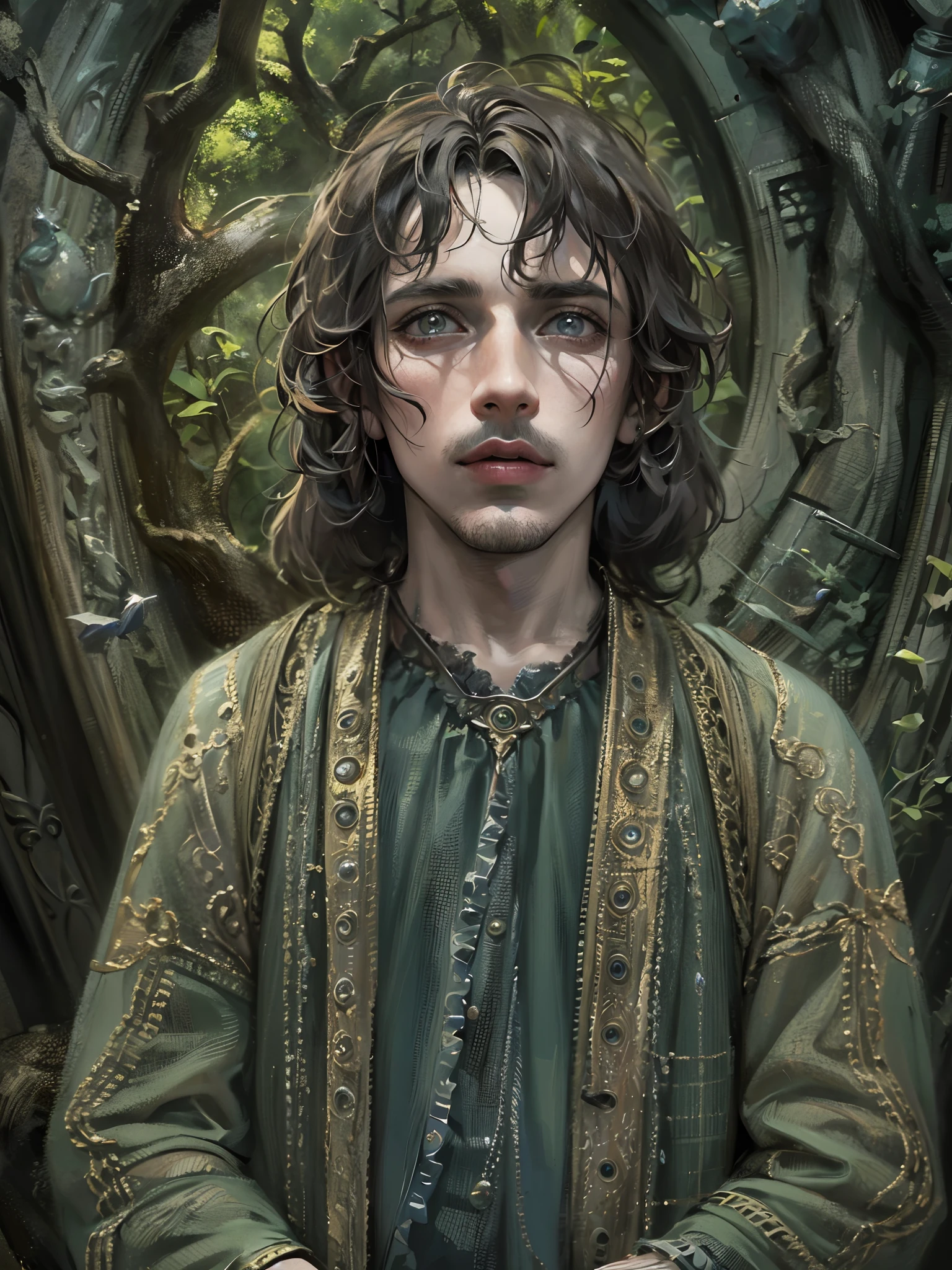 Absurdres masterpiece HDR high quality picture of a random scene from lord of the rings portrait with a Tim Burton theme style in a beautiful masterpiece background , detailed character, handsome face