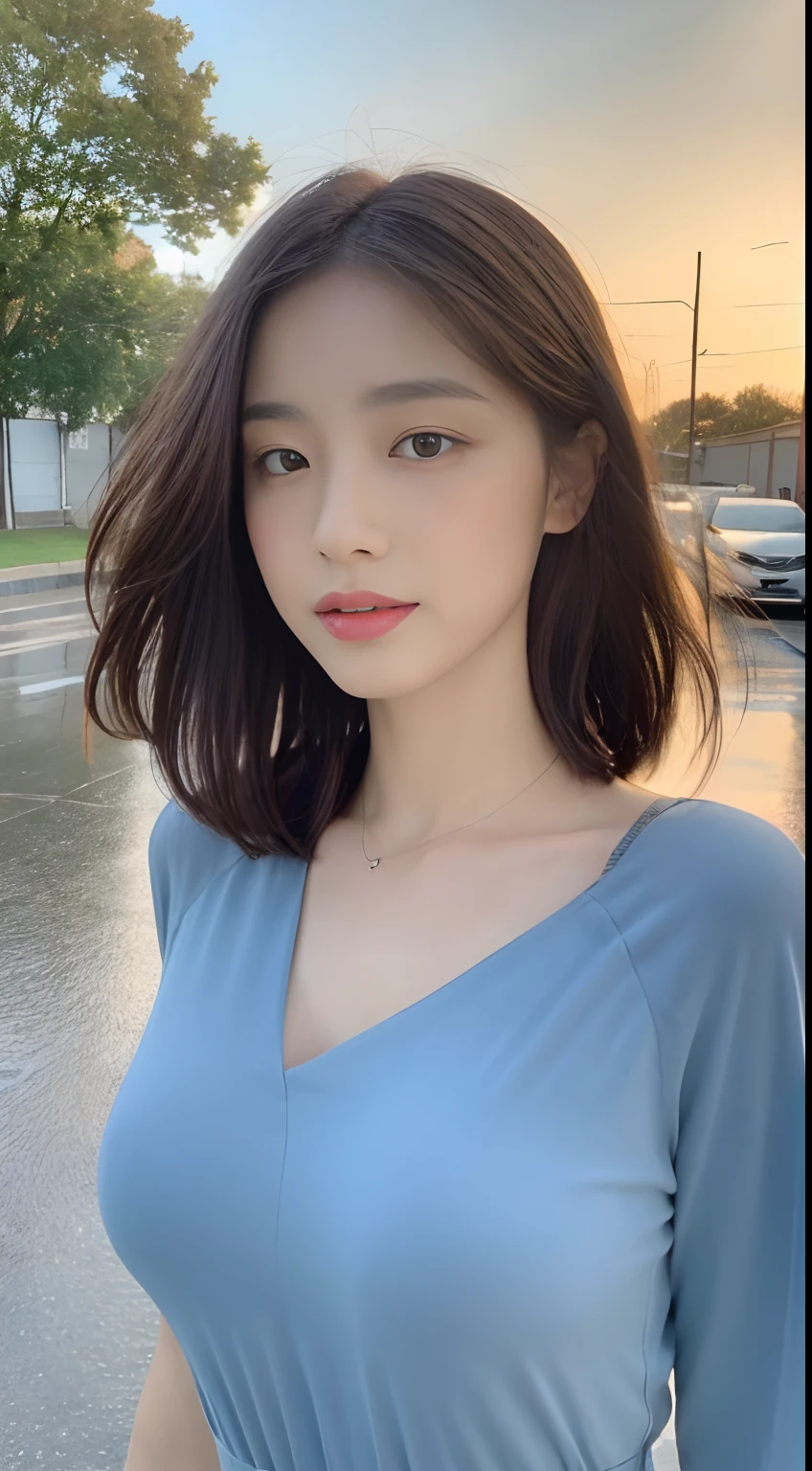 ((Best Quality, 8k, Masterpiece: 1.3)), Focus: 1.2, Perfect Body Beauty: 1.4, Buttocks: 1.3, ((Layered Haircut, Breasts: 1.2)), (Wet Clothes: 1.1) , (Rain, Street:1.3), Sweet T-shirt: 1.1, Navel Exposed, Highly Detailed Face and Skin Texture, Delicate Eyes, Double Eyelids, Whitened Skin, Long Hair, Blue Eyes