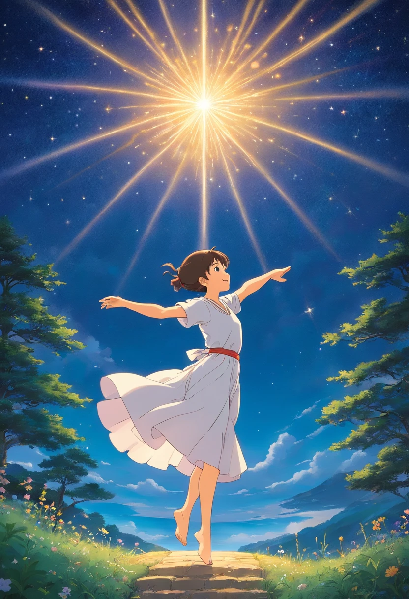 Le Dieu Cornu, maintenant adolescent, dancing with the Goddess under a starry sky. Autour d'eux, la nature fleurit.