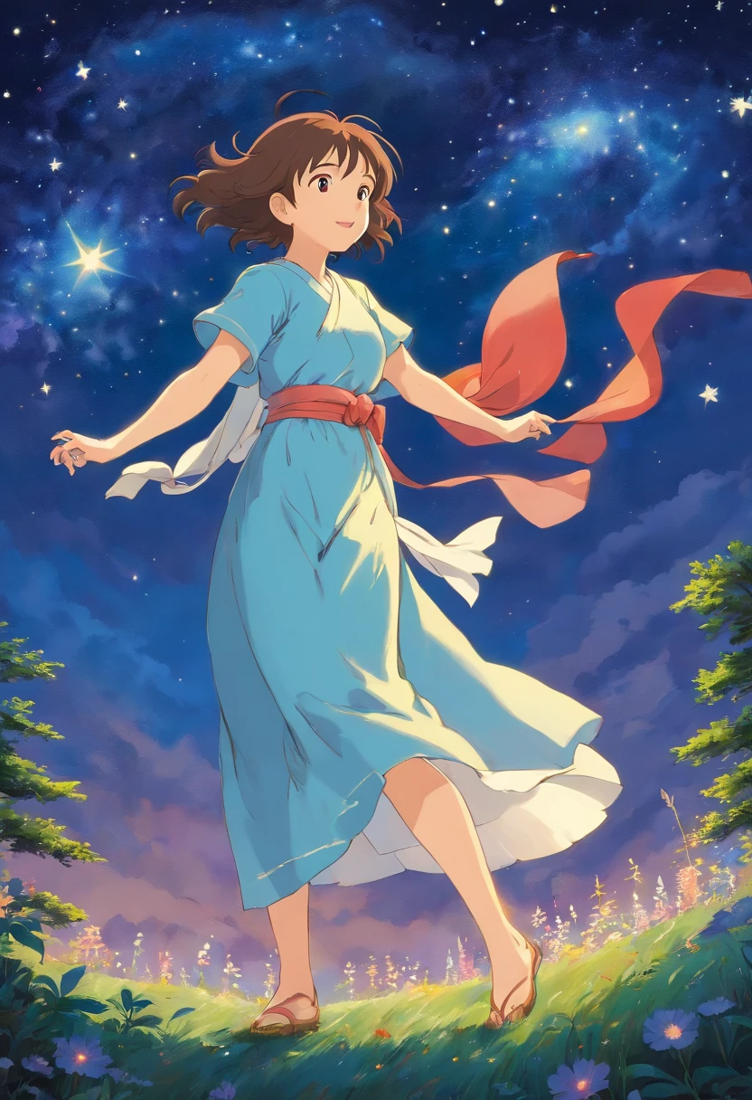 Le Dieu Cornu, maintenant adolescent, dancing with the Goddess under a starry sky. Autour d'eux, la nature fleurit.